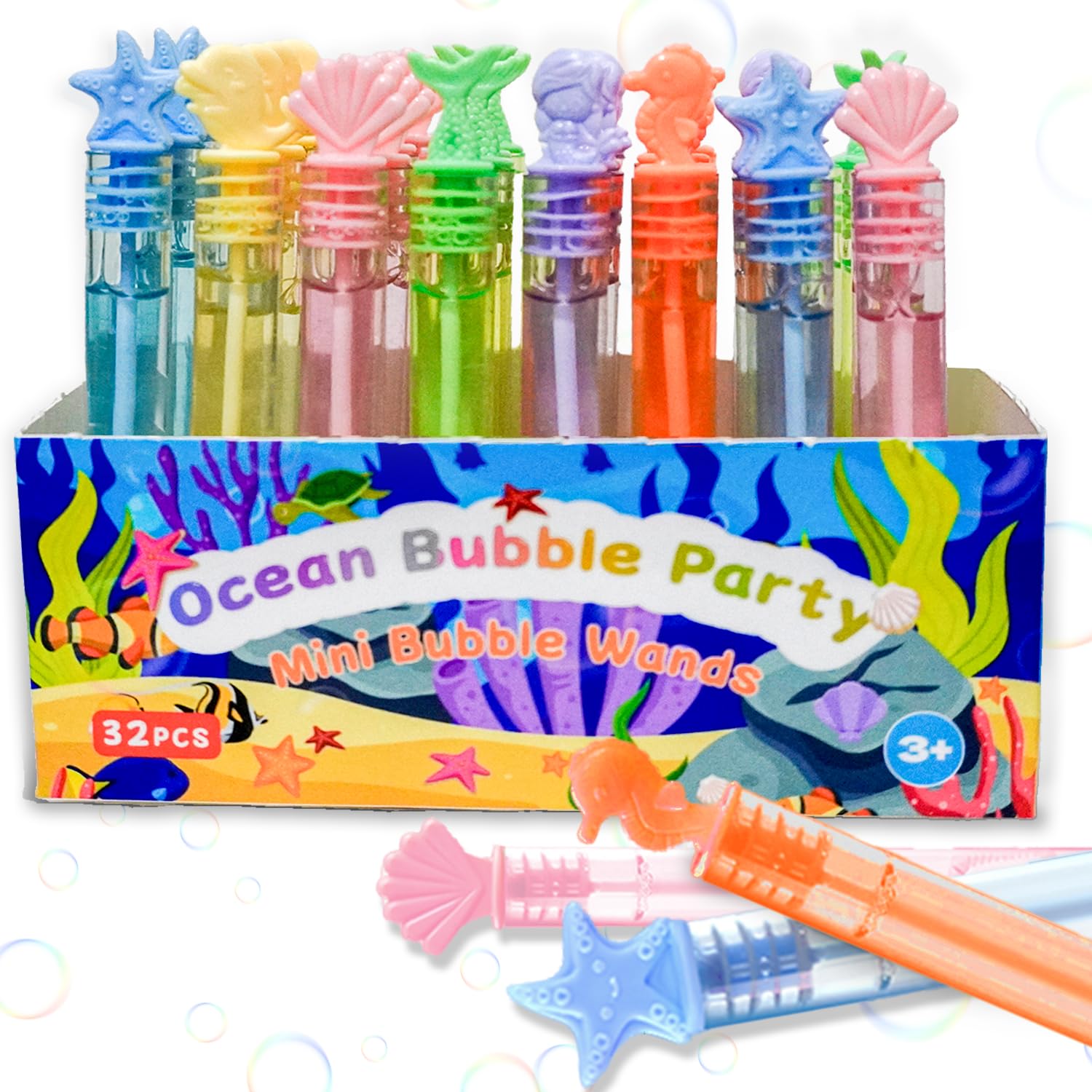 BuxxyBud 32Pcs 8 Colors Under The Sea Bubble Wand Mini Bubbles Party, Ocean Animals Birthday Gift Toy Christmas Valentine Easter Bubbles Kids Boys Girls Mermaid Under The Sea Party Favors