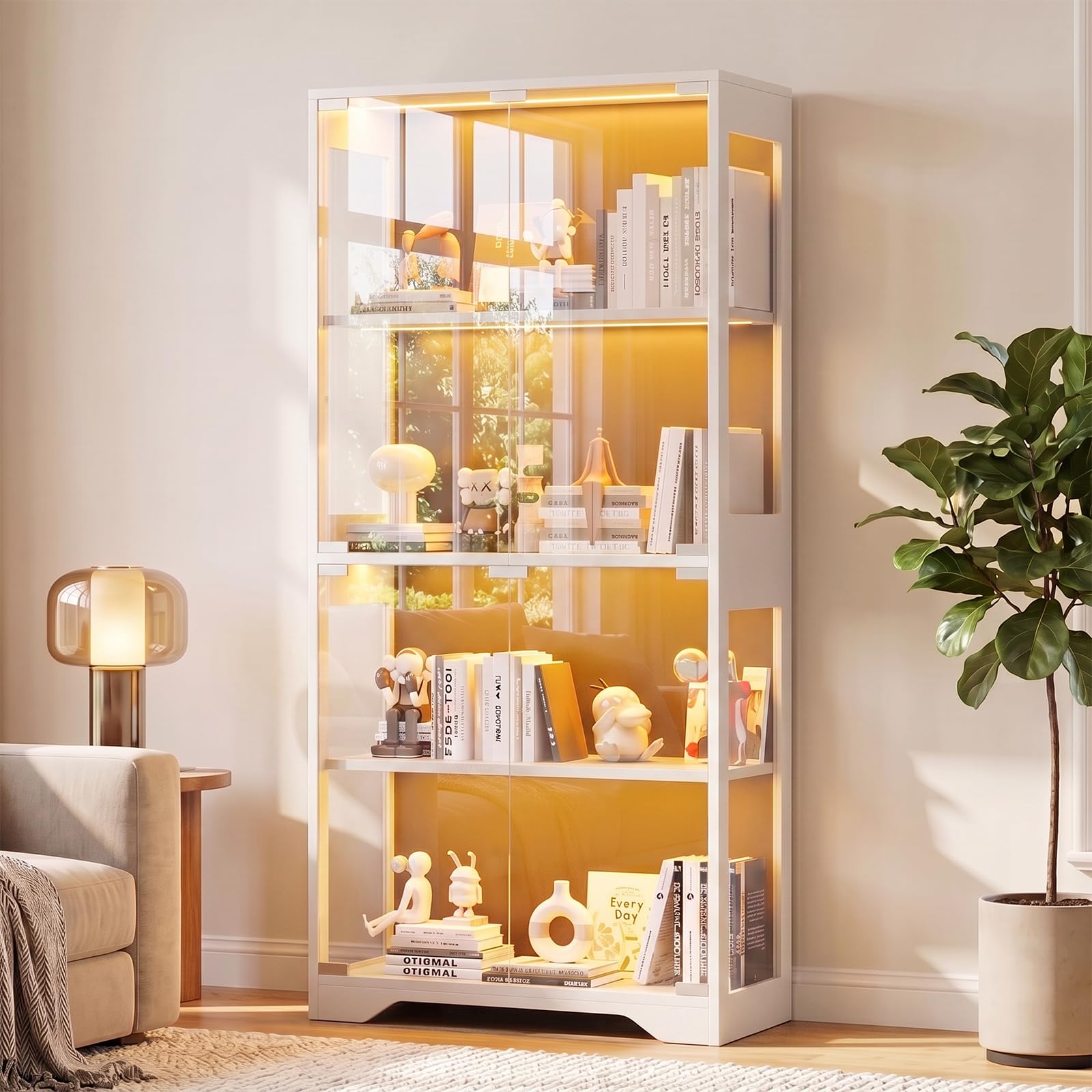 JUMMICO Glasvitrine mit RGB Beleuchtung LED, 80 x 35 x 165,5(H) cm (Weiß)