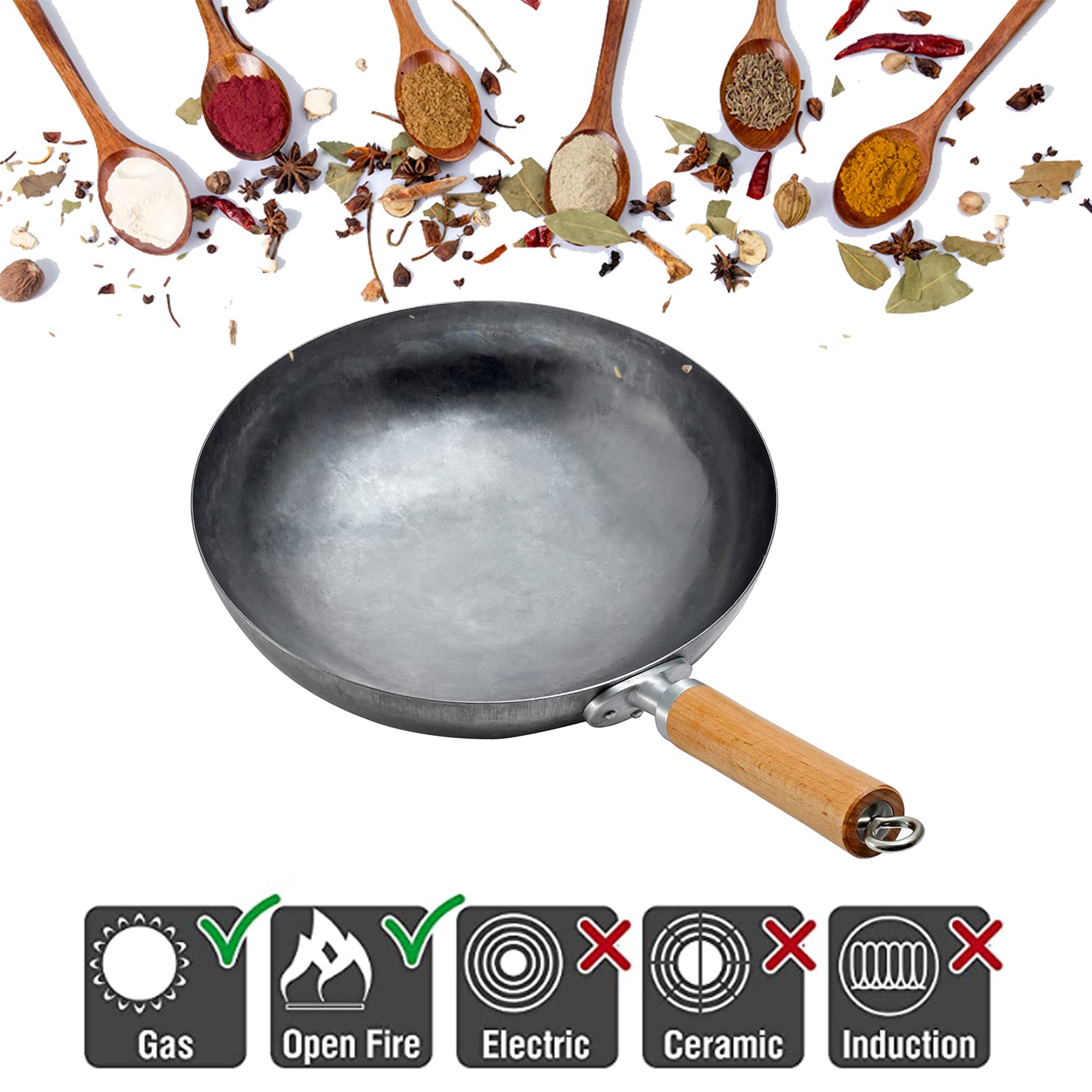 Wok, wok fatto a mano in acciaio al carbonio, 30/32/34 cm Ø fondo tondo in acciaio al carbonio per fornello a gas, spessore 1,5 mm, con manico in legno e acciaio,30CM