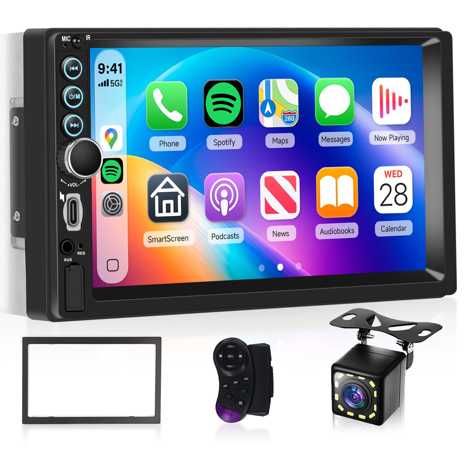 Hodozzy Autoradio 2 Din avec Carplay sans Fil Android Auto, Écran Tactile 7 Pouces Poste Radio Voiture Double Din Bluetooth, Lien Miroir, FM Type-C/USB/AUX, MP5 Lecteur Autoradio avec Caméra Recul