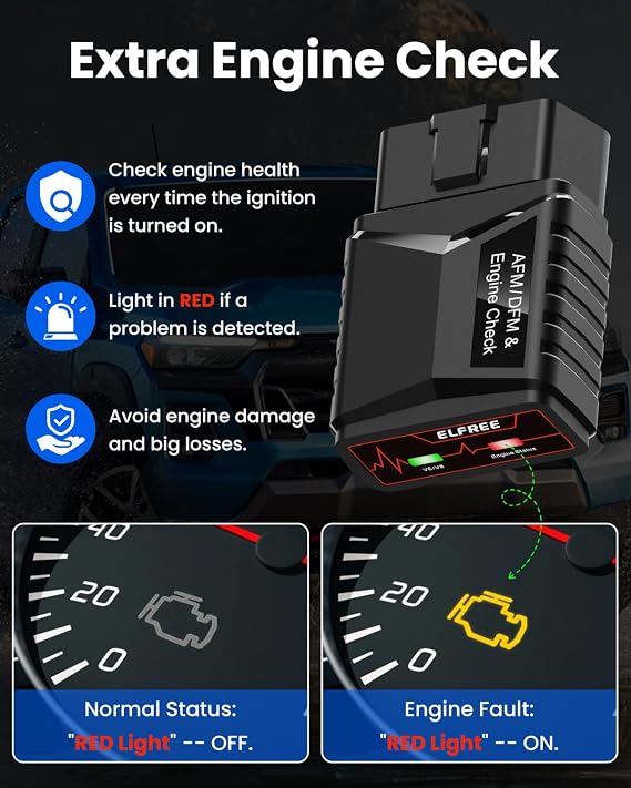 ELFREE AFM Disabler with Fault Indicator Compatible with Silverado Sierra | V6/V8 Engine Support; 0.27mA Ultra-Low Current; Plug & Play OBD2; Automotive-Grade Chipset