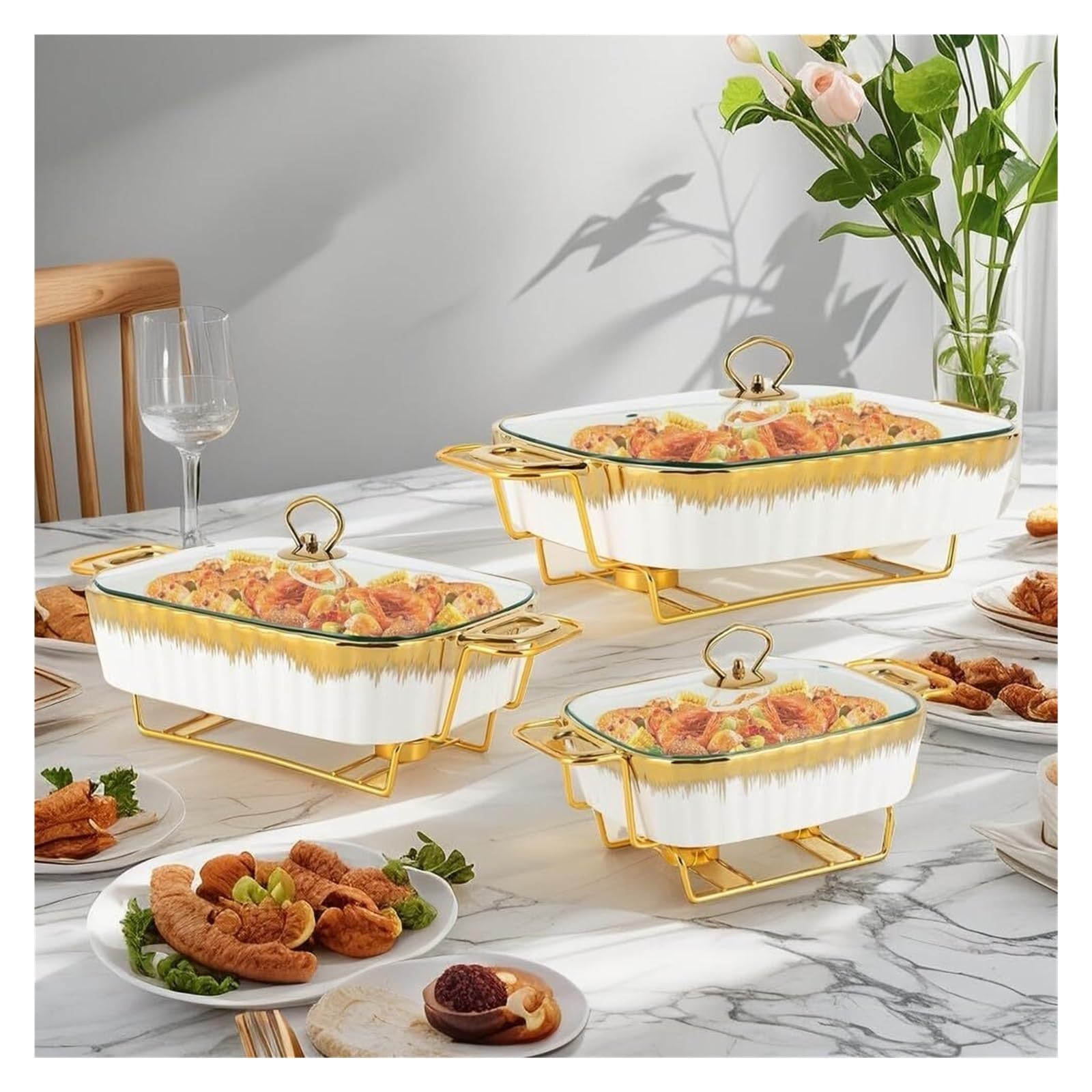 Scaldavivande in Ceramica Gold Chafer for Buffet | Pirofila rettangolare in ceramica piatto da portata con manici(L)