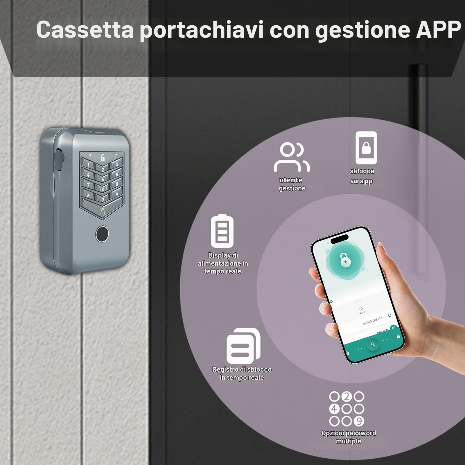 Cassaforte per chiavi da parete, con collegamento di 5 m al campanello esterno, organizer per chiavi di casa, ufficio e casa, con tastiera di sicurezza, accesso alle impronte digitali e app