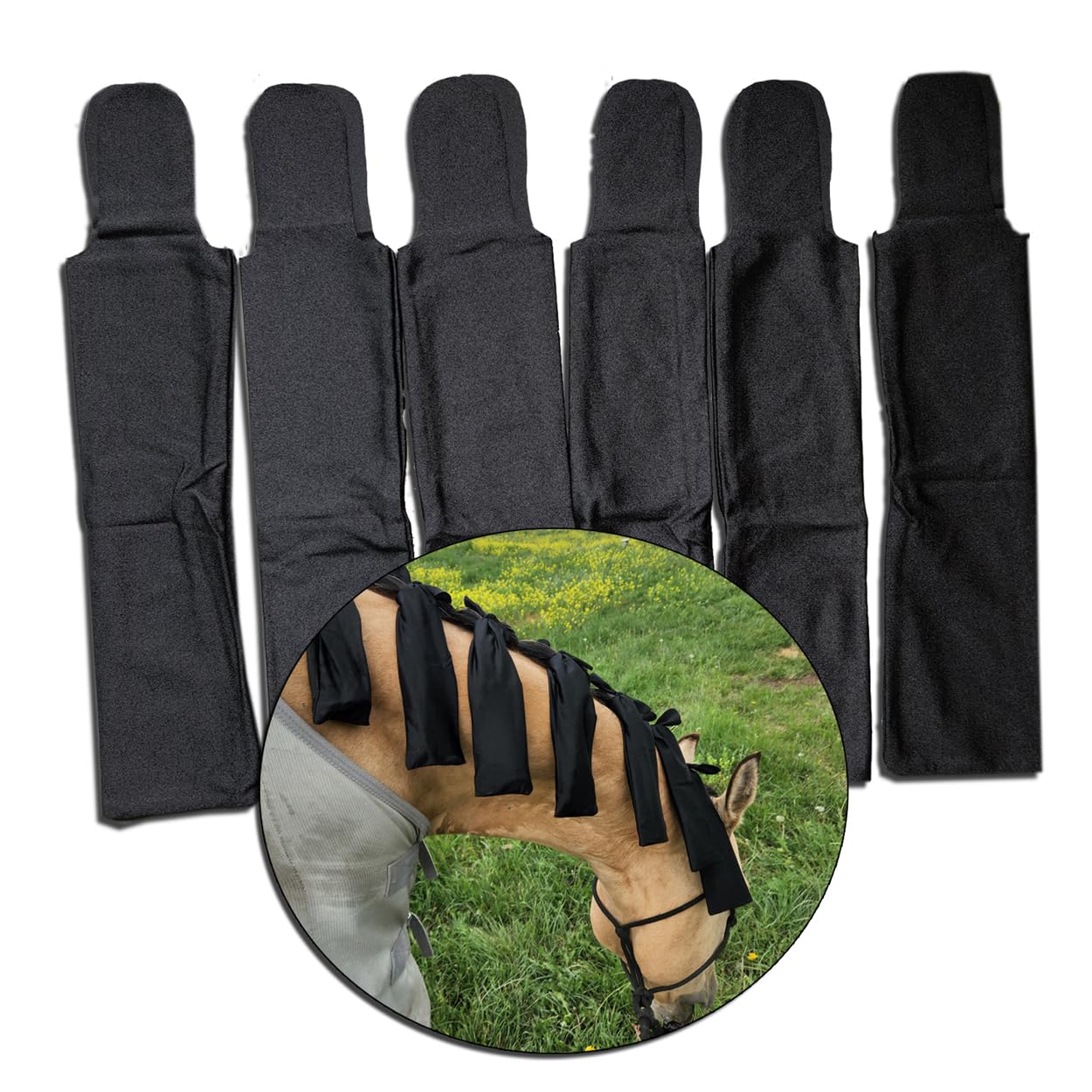 Ranch Hand Horse Mane Bags - Protect Horse's Mane from Wind, Sun & Mud - Prevents Tangles, Rubbing Out and Breakage - Made with Nylon - Easy to Use and Washable - Set of 6 (Black)