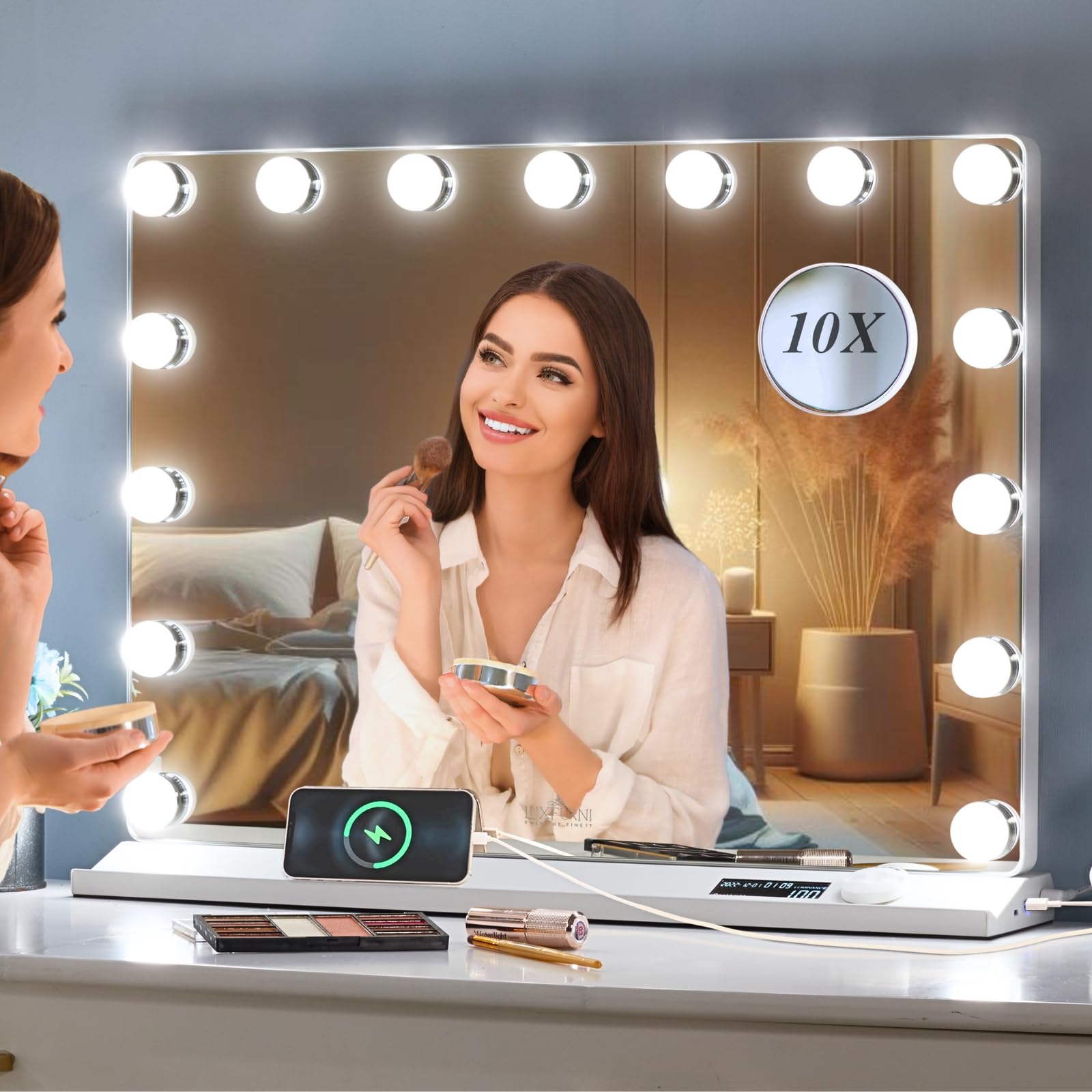 LUXFURNI Vanity Mirror with Lights, Makeup Mirrors Hollywood Mirror with 15 LED Bulbs, 3 Colors Modes & Adjustable Brightness, 10x Magnification, USB Charging
