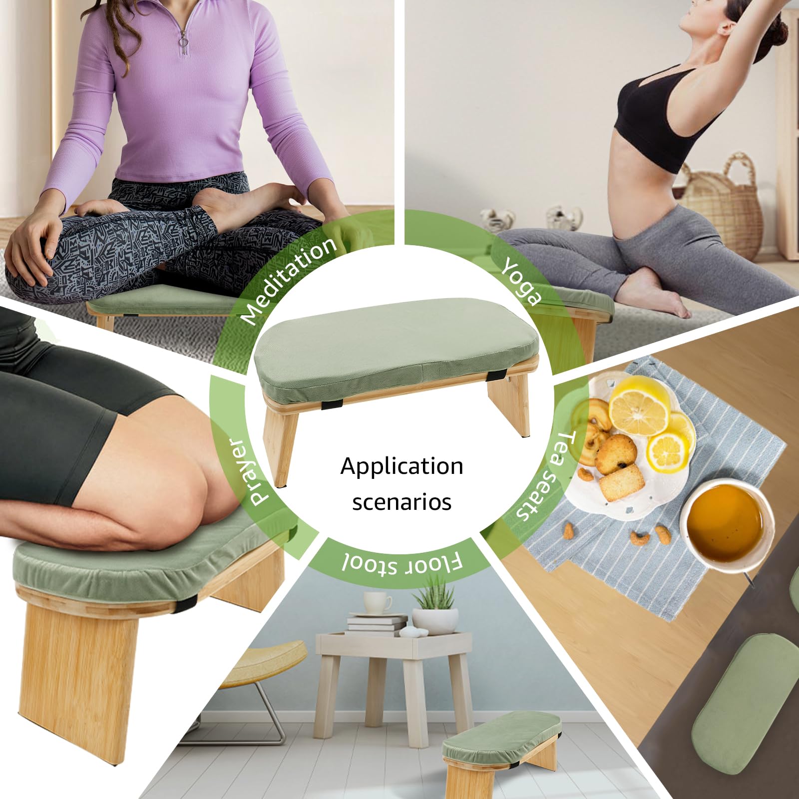 Meditationsbank,klappbarer Meditationshocker aus Bambus,Yoga Hocker mit Kissen,ergonomische Meditationsstuhl,Yoga Stuhl für spirituelle Momente im Alltag(Grün)