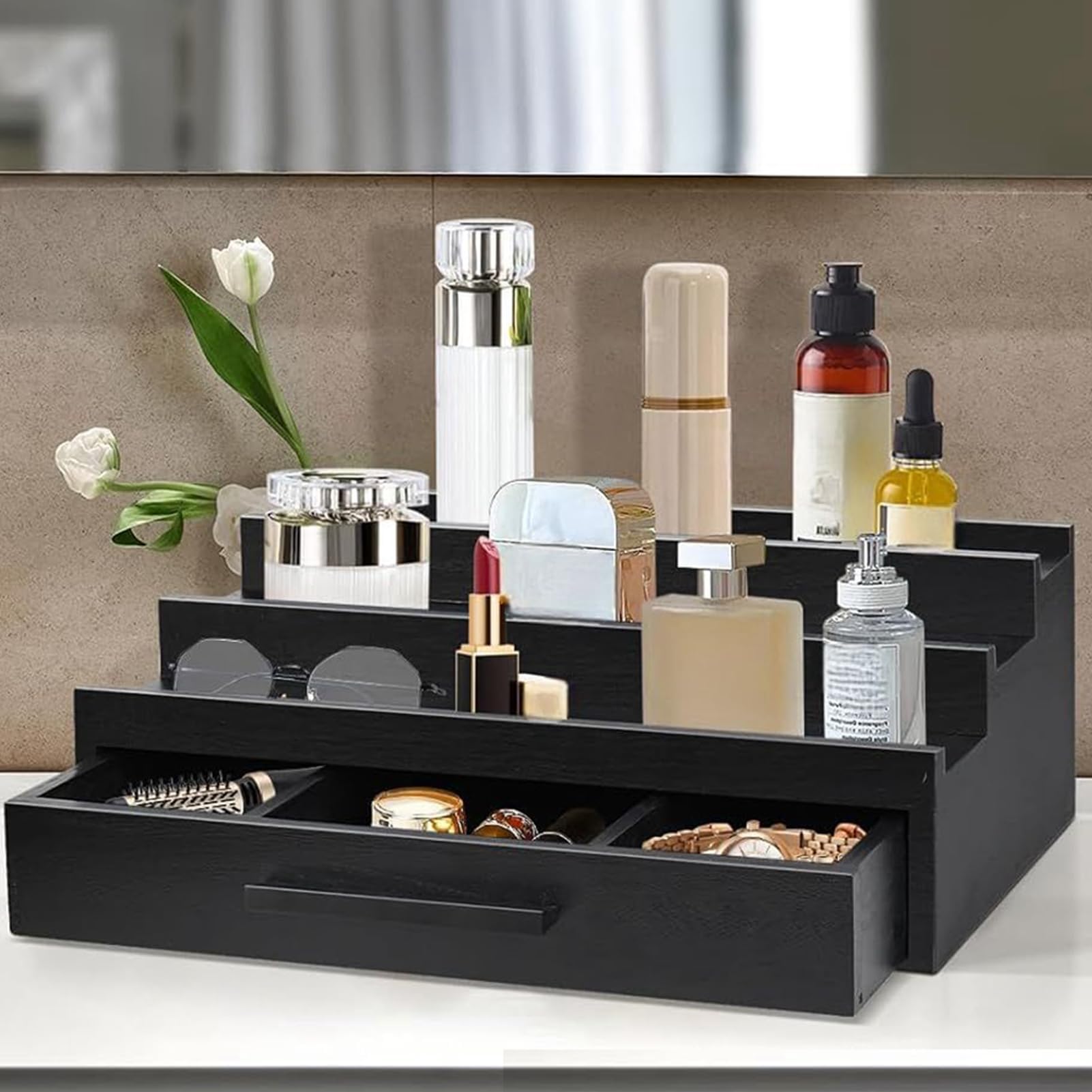 Parfüm-Organizer aus Holz – dreilagiger Köln-Ständer mit Schublade, kompaktes Parfüm-Aufbewahrungsregal für Zubehör, 31,7 x 21,7 x 10,7 cm