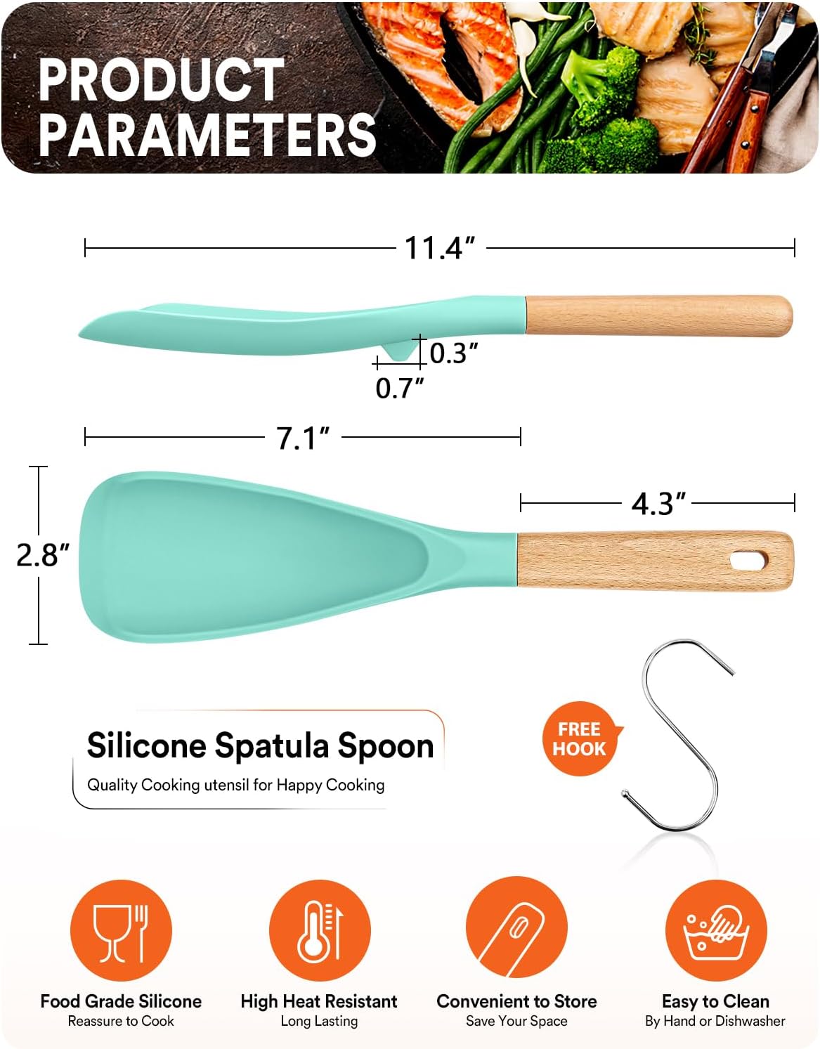 Cooking Spoon for Nonstick Cookwares, Great for Cooking and Serving Sturdy BPA-Free Matte Silicone, Wood Handle Spoon for Mixing, Scoop, and Scrape (GREEN) thumbnail