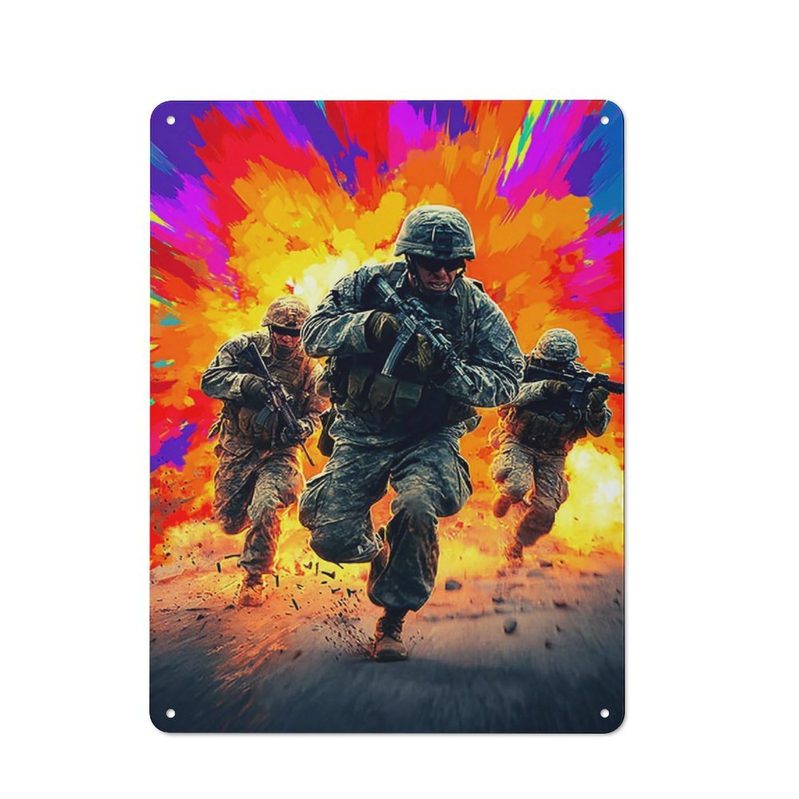 Junmoney Troops In Action Amidst Explosive Background Industrial -1 Tin Sign 40X30cm, Garage Wall Decor For Garage, Hobby Room, Office Or Man Cave