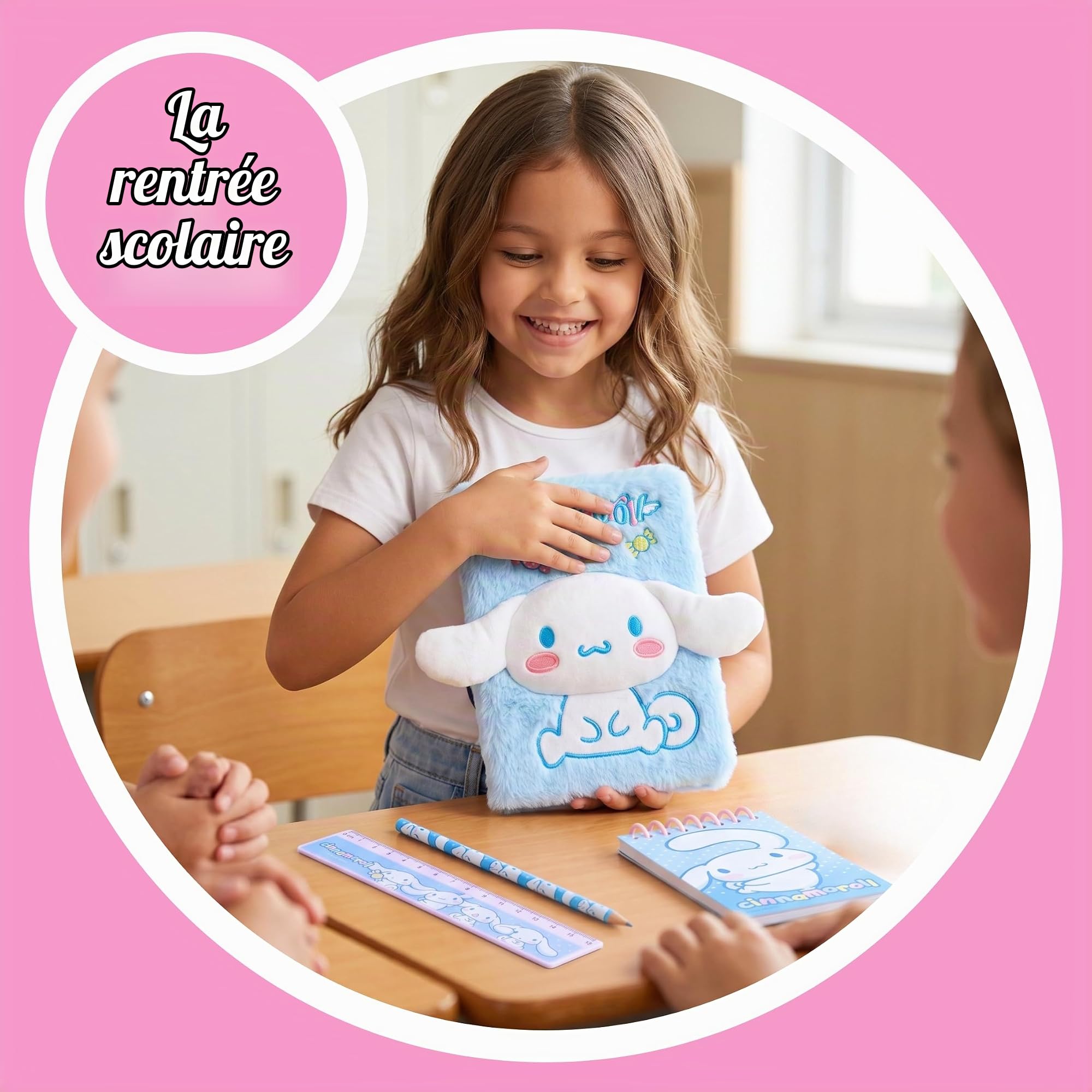 Hello Kitty Cinnamoroll Ensemble de Papeterie pour Filles, Comprenant Carnet en Peluche 3D, Règle, Taille-Crayon, Gomme, Bloc-Notes et Un Crayon, Cadeau pour Enfants
