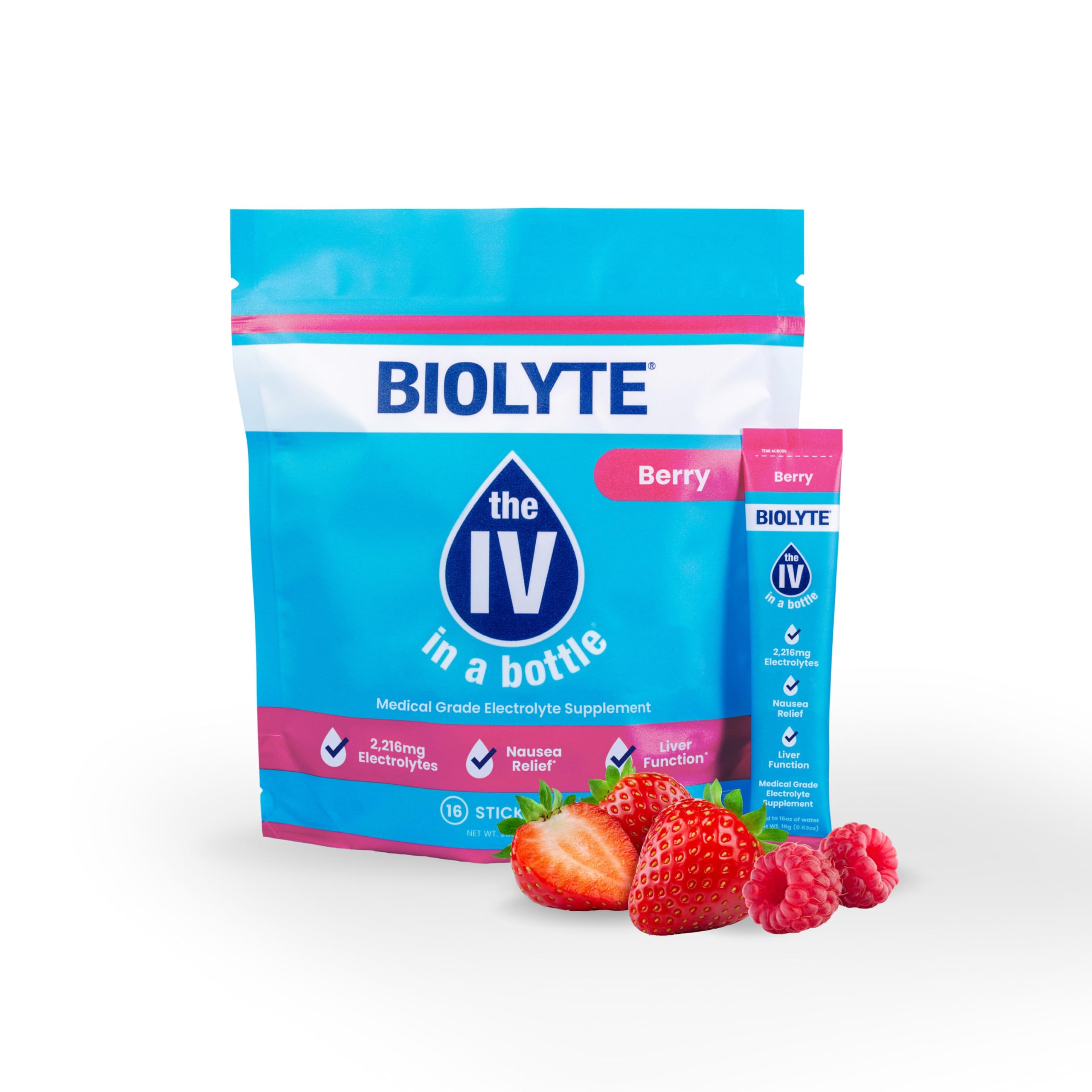 BIOLYTE Electrolyte Powder Packets - IV in a Bottle Single-Serving Electrolyte Powder for Rapid Hydration - Berry, 16-Pack