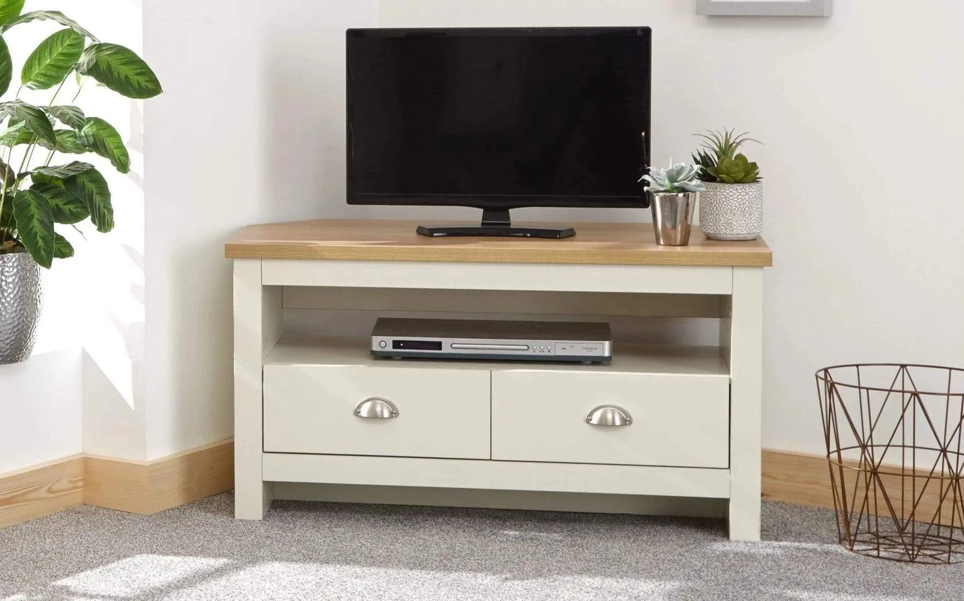 Lancaster Wood Corner TV Cabinet With Shelf & Drawers, Cream, H 51cm x W 95cm x D 45cm