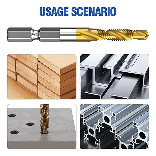 Miniatura 4 de HUHAO Juego de 6 taladros y grifos combinados, tornillos de rosca métrica M3 a M10, combinación de acero de alta velocidad recubierto de titanio