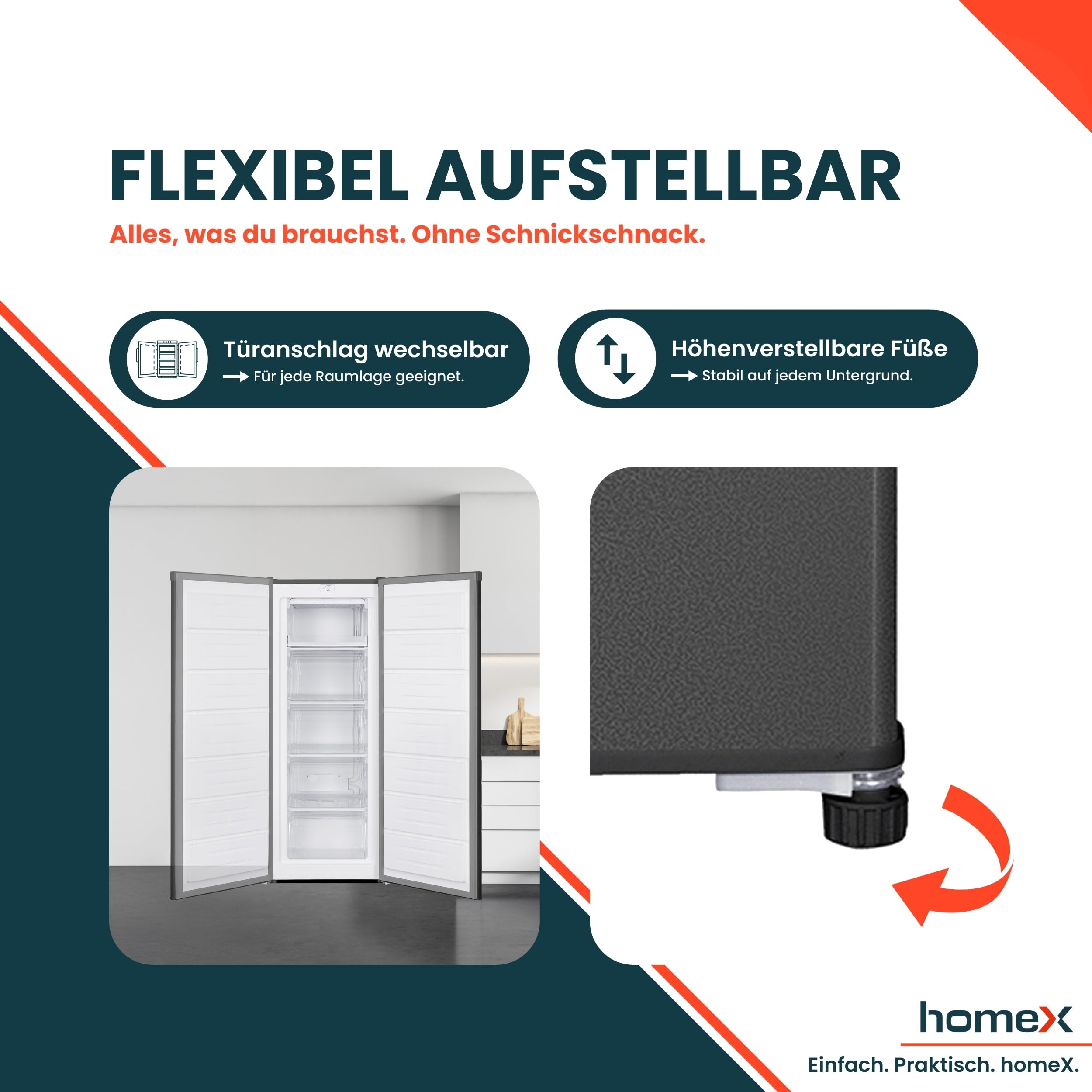 homeX FS1682E-S Gefrierschrank Tiefkühlschrank groß 168L Nutzinhalt silber | 4-Sterne Gefrieren, Freezer, Gefrierschränke freistehend, Temperaturregelung, wechselbarer Türanschlag, leise 37 dB