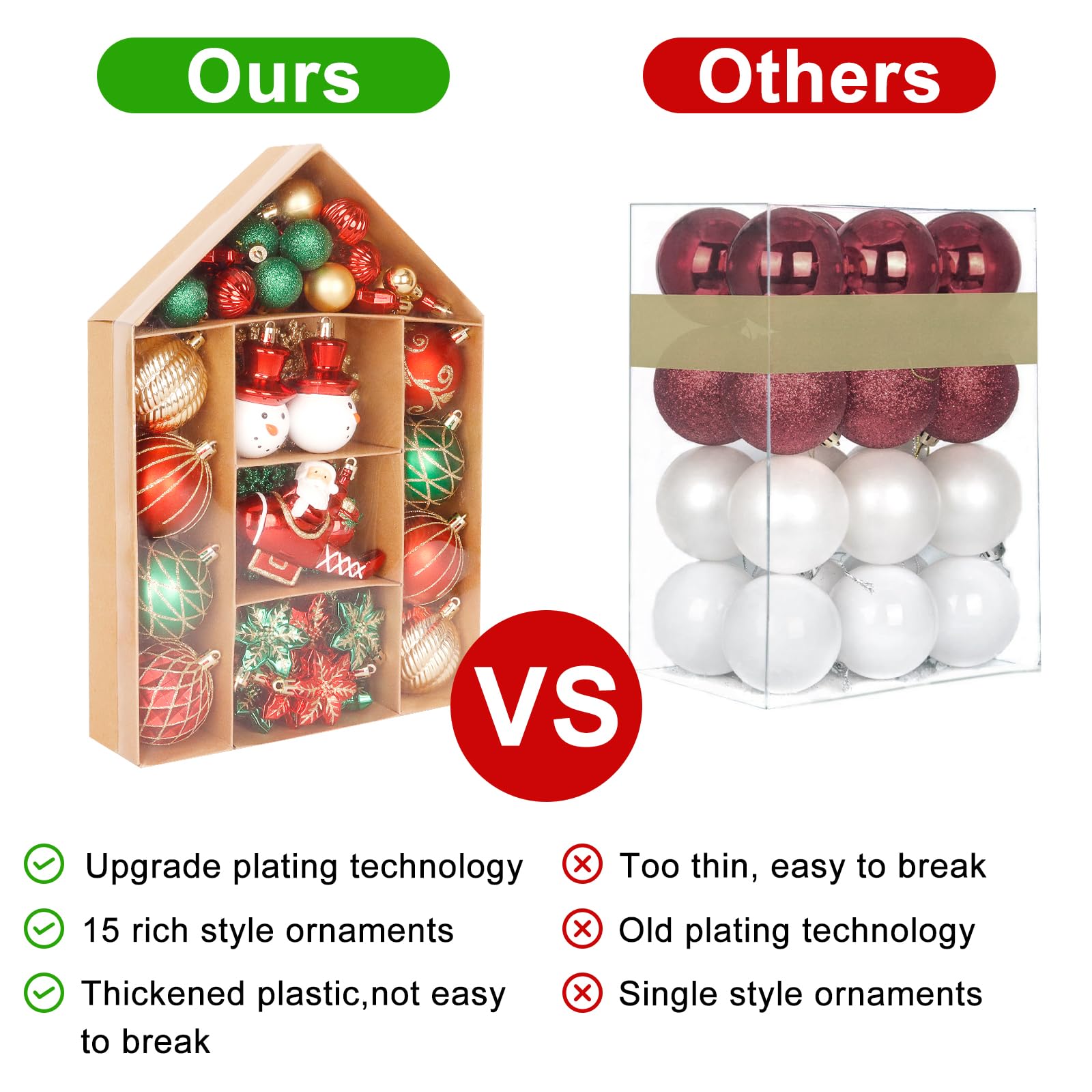 YONTINY 70Pcs Christmas Tree Baubles, Christmas Tree Ornaments Decorations Set Red Gold and Green - Image 2