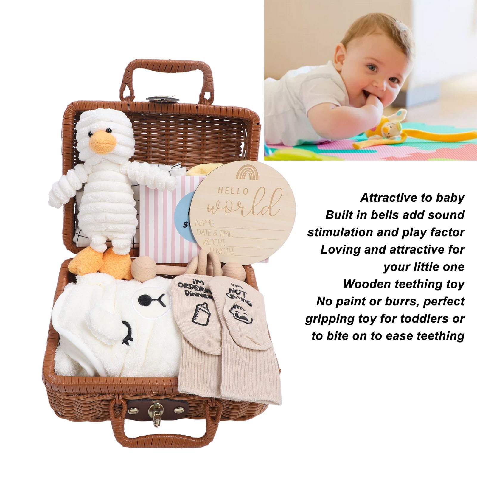 Geschenkset für die Babyparty für Neugeborene mit Kleidung, Süßer Puppe, Rasselspielzeug aus Holz, Lustigen Lätzchen, Socken, Grußkarte und Wichtigen Gegenständen Im Korb für, #112, WHITE