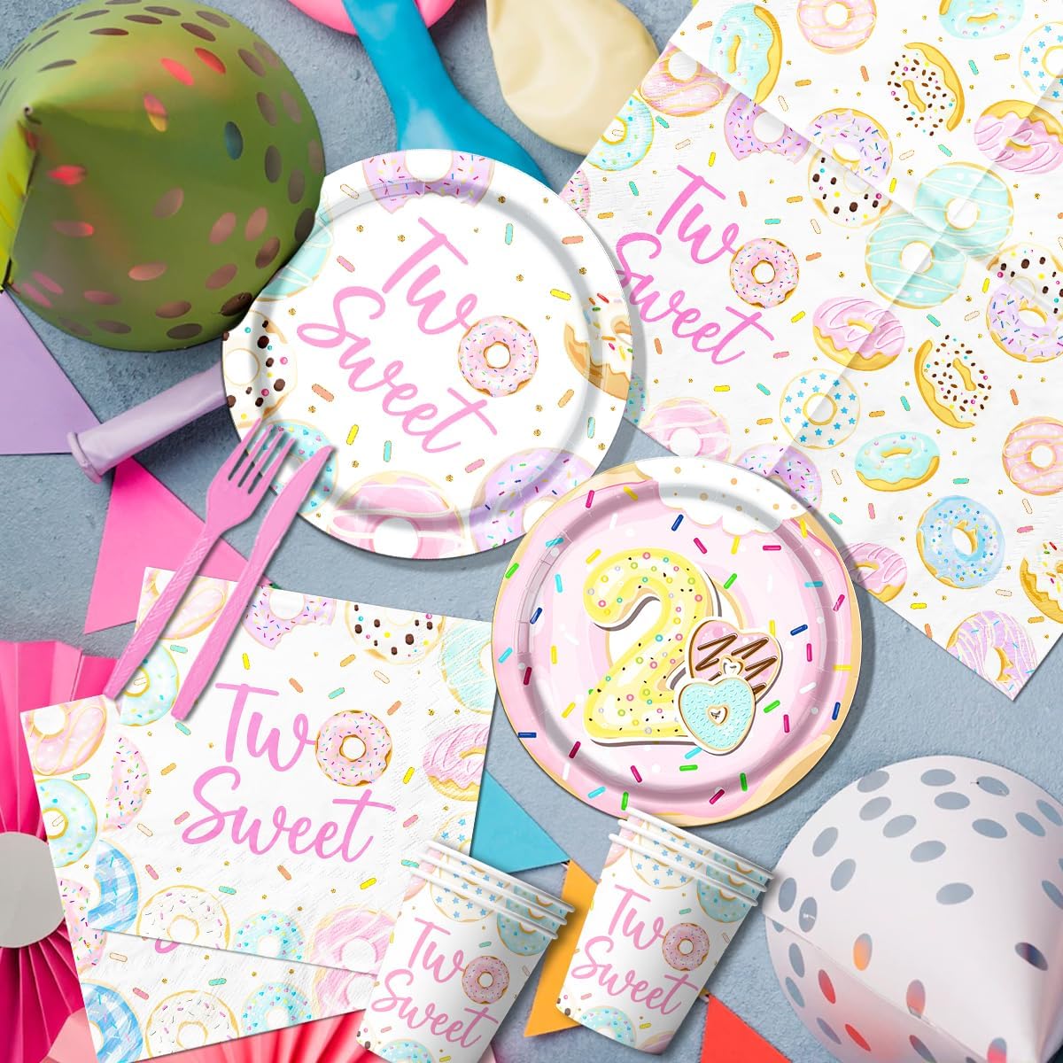 Two Sweet Donut 142Pcs 2nd Birthday Party Supplies - Baby Girl 2 Years Old Decoration Set - Disposable