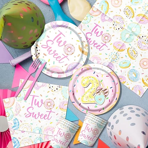 Miniatura 5 de Dos suministros para fiesta de cumpleaños de Sweet Donut - Juego de vajilla de 142 piezas de 2 dona para bebé niña de 2 años de edad, platos de dona