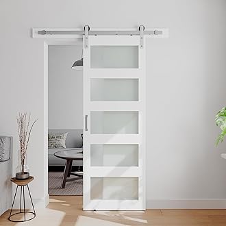 28in x 84in Glass Barn Door with 5ft Brushed Nickel Hardware Kit & Handle, Pre-Drilled Holes Easy Assembly -Solid Barn Door Slab Covered with Water-Proof PVC Surface, White, 5 Panel