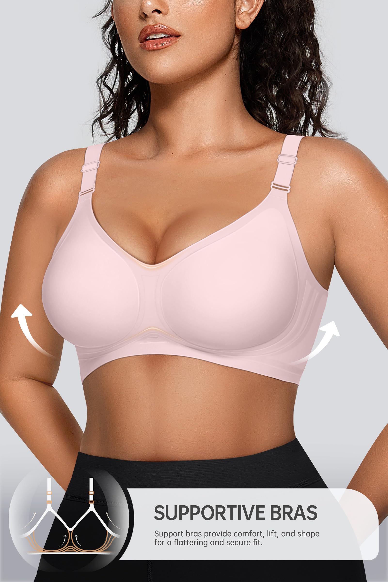 OEAK Damen BH Ohne Bügel Push Up Nahtloser V-Ausschnitt Bra Bügelloser Gepolstert Glatter Bustier Tshirt Schlaf BHS mit zusätzlicher Verlängerung (Rosa,L)