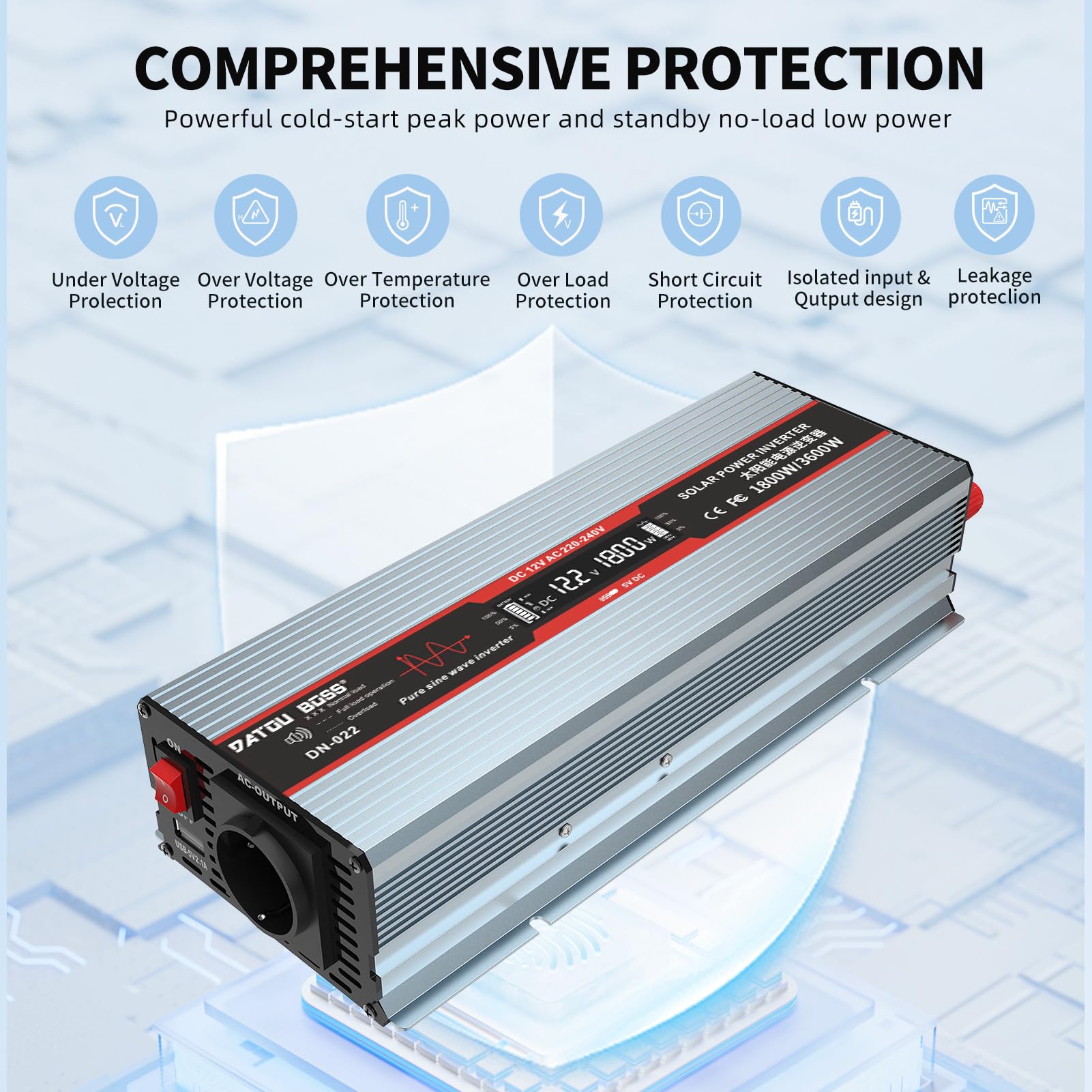 DATOUBOSS Inversor 12V 220V/230V Onda Sinusoidal Pura 1800W Convertidor De Voltaje Pico De Potencia 3600W con Tomas EU, Puerto USB Y Pantalla LCD para Electrodomésticos Caravana Camión Camping, Gris