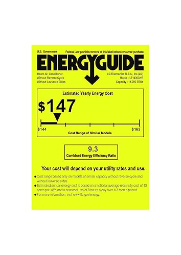 Energy Guide label for LG Room Air Conditioner Model LT1430CNR, showing estimated yearly energy cost of $147 and Combined Energy Efficiency Ratio of 9.3