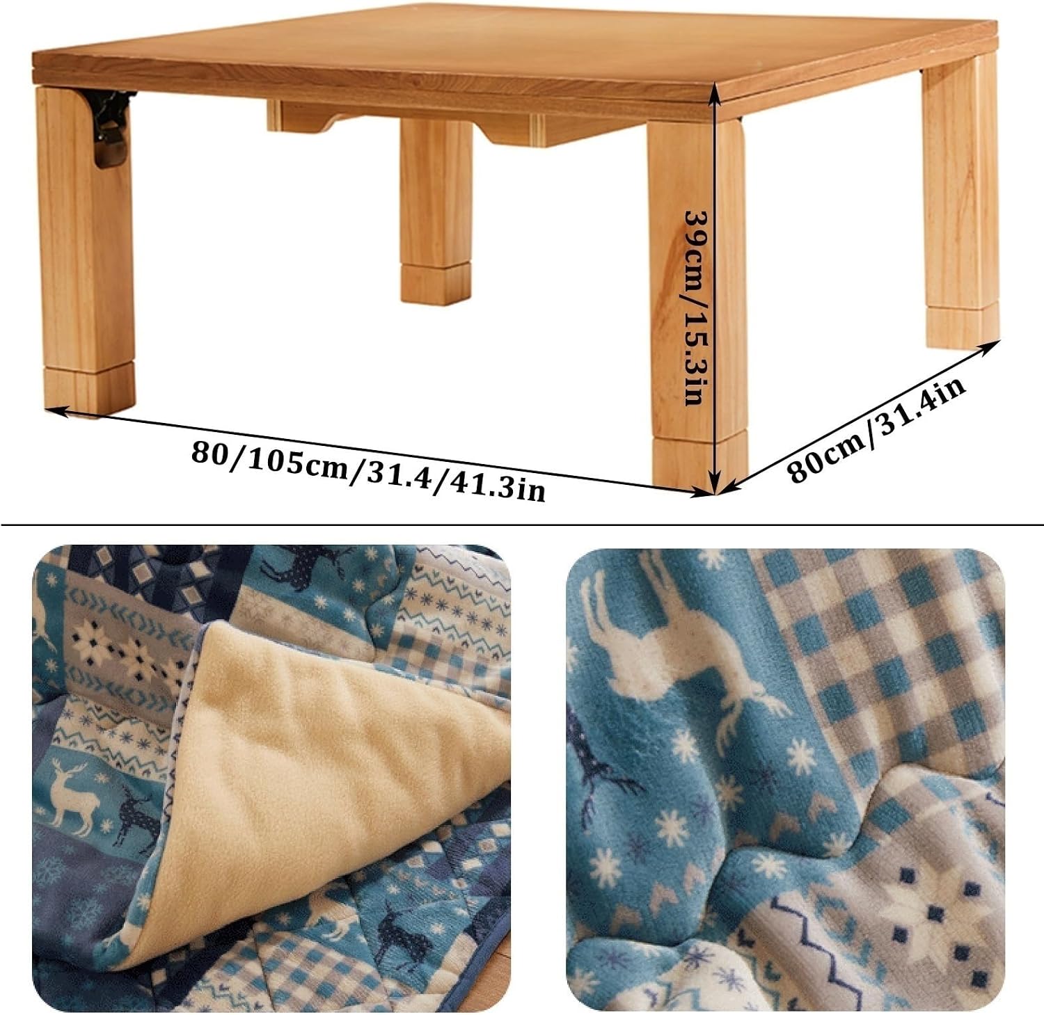 Low Table Set - Solid Wood Kotatsu with Heater, Quilt, and Floor Pad - Ideal for Living Room and Bedroom Heating