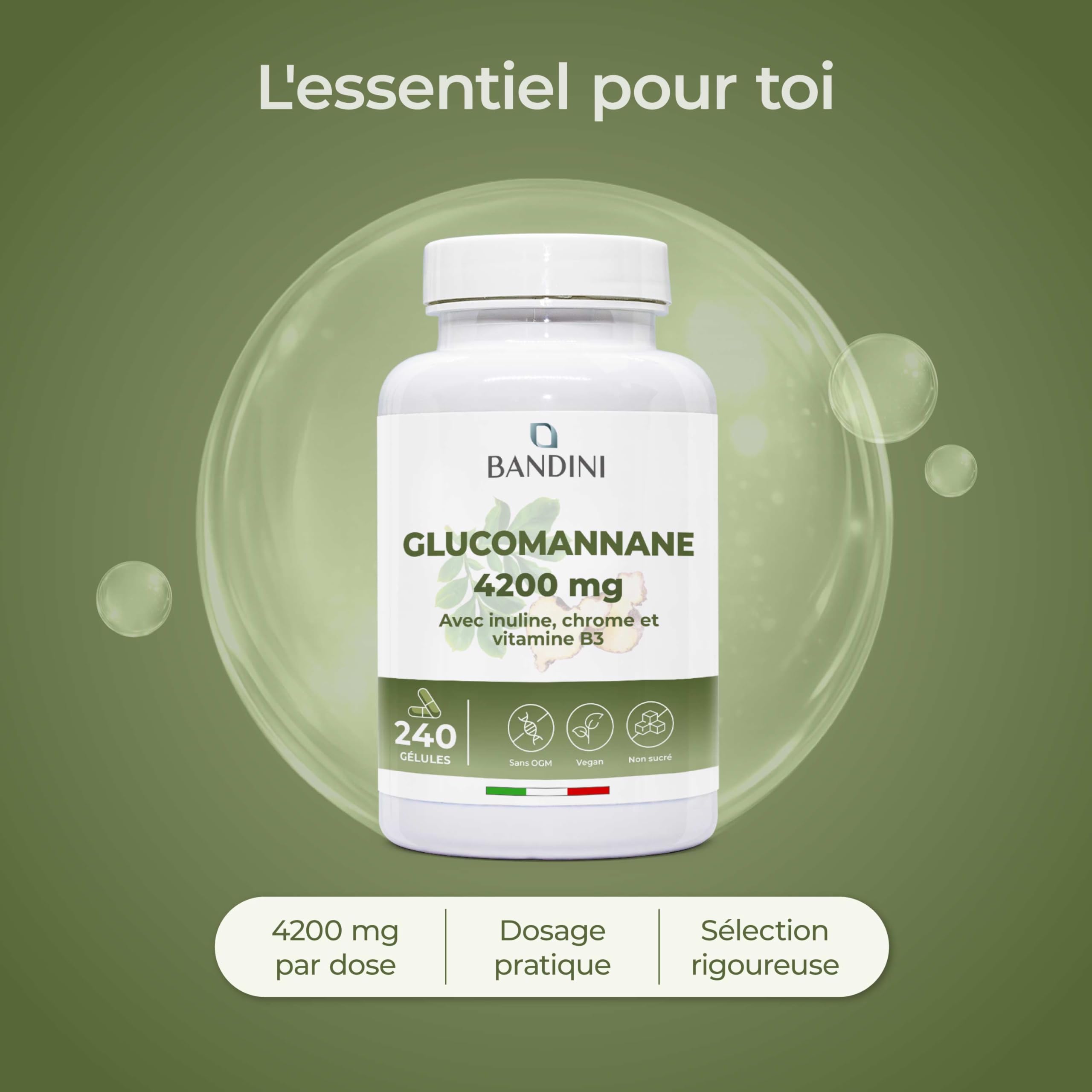 Bandini® Glucomannane Konjac Extra Fort - 240 Gélules 4200mg par jour - Glucomannan enrichi en Chrome, Inuline et Vitamine B3 - Fibre végétale de la racine de konjac - Supplément puissant et efficace
