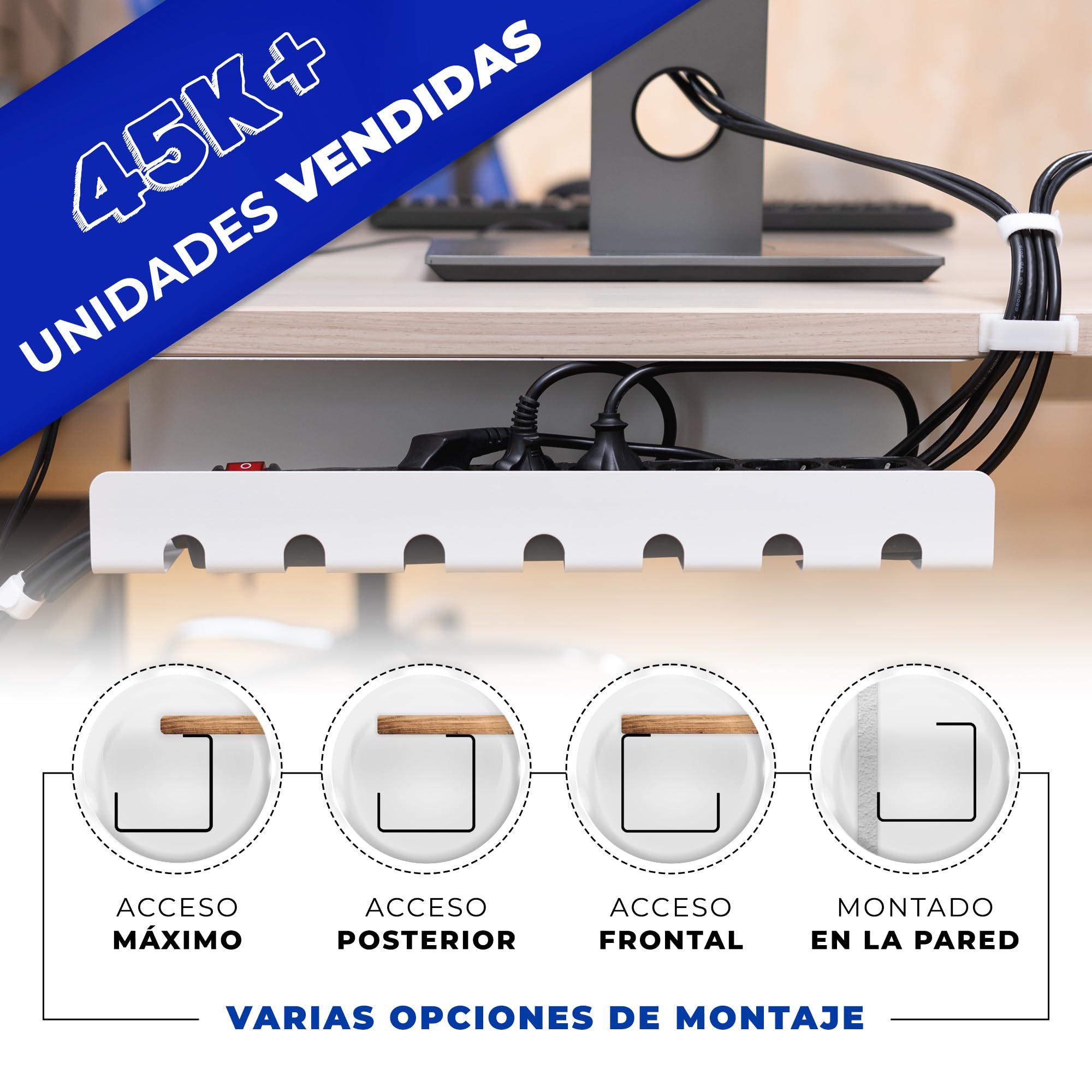 HOMEPROTEK Organizador Cables Escritorio para Organiza Cables - x2 Bandeja Cables Escritorio Blanco para Esconder Cables en tu Oficina o en tu Casa - Cable Organizer for Desk Cable Management