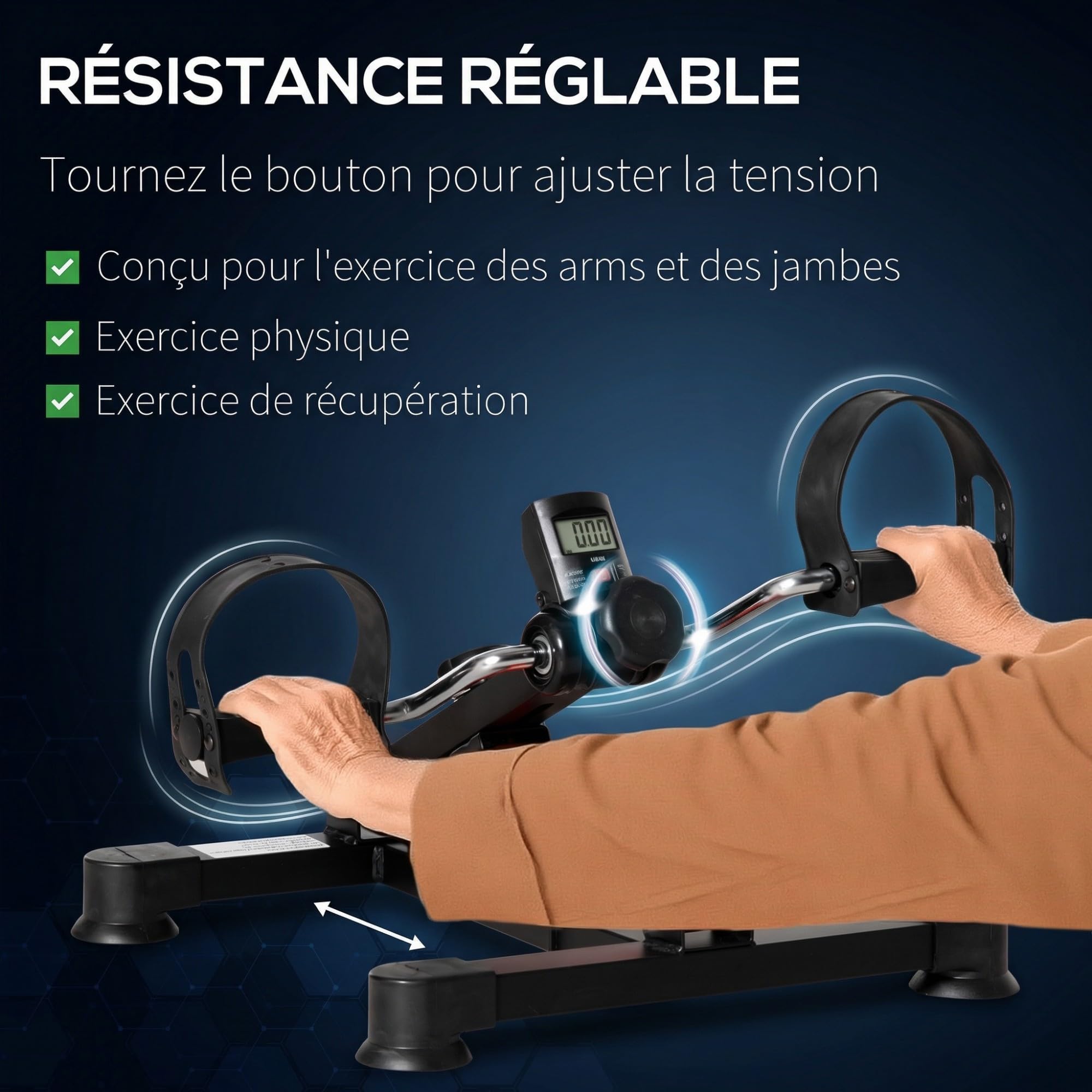 HOMCOM Pédalier d'appartement mini vélo d'appartement avec résistance réglable, écran LCD, hauteur et largeur réglables, pour entraînement des bras et des jambes, acier noir