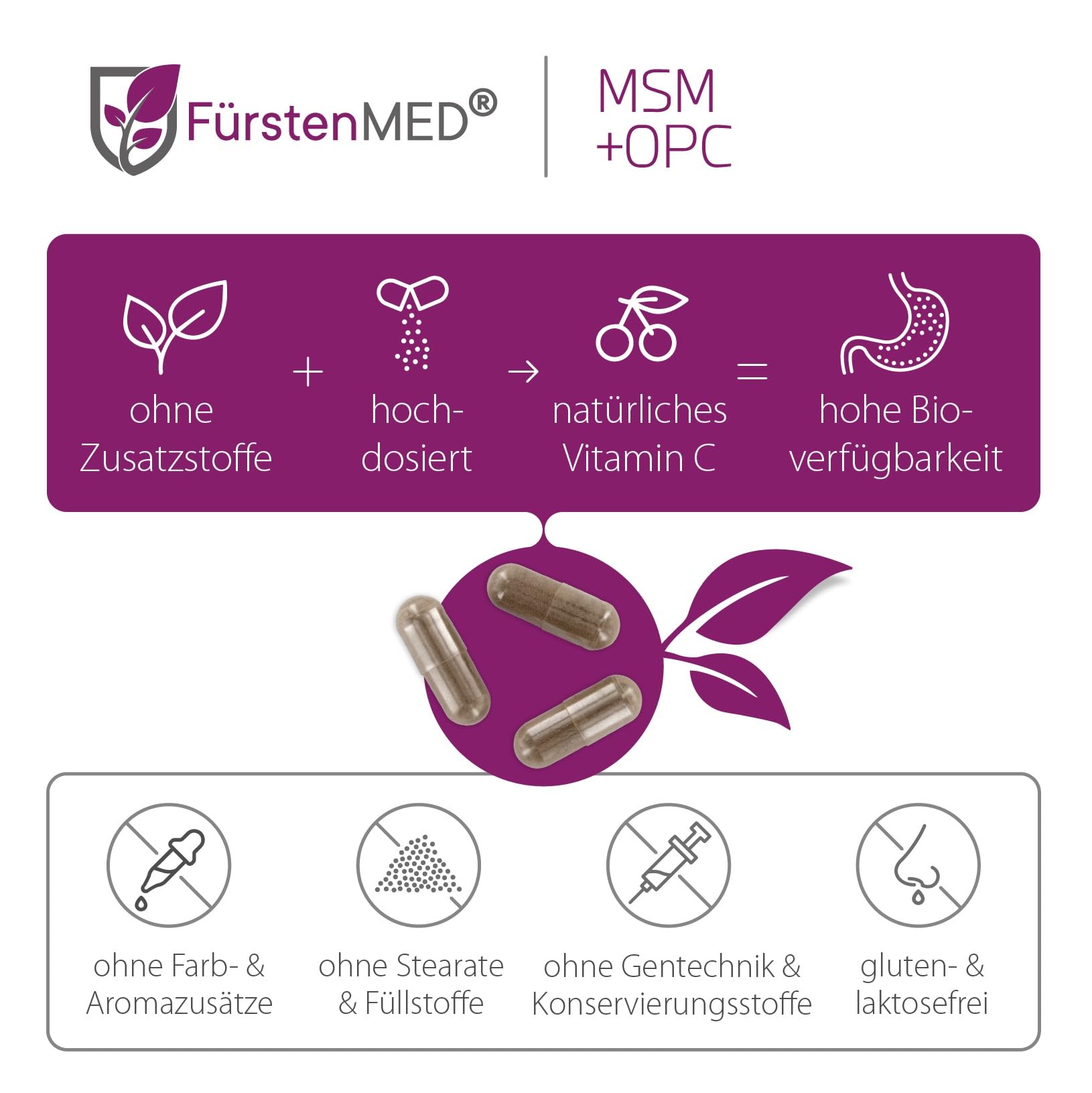 FürstenMED® MSM + OPC Kapseln Hochdosiert mit 1710mg MSM Pulver + 180mg OPC & Vitamin C (aus Acerola) pro Tagesdosis - 120 Kapseln, Vegan, Laborgeprüft & Ohne Zusatzstoffe