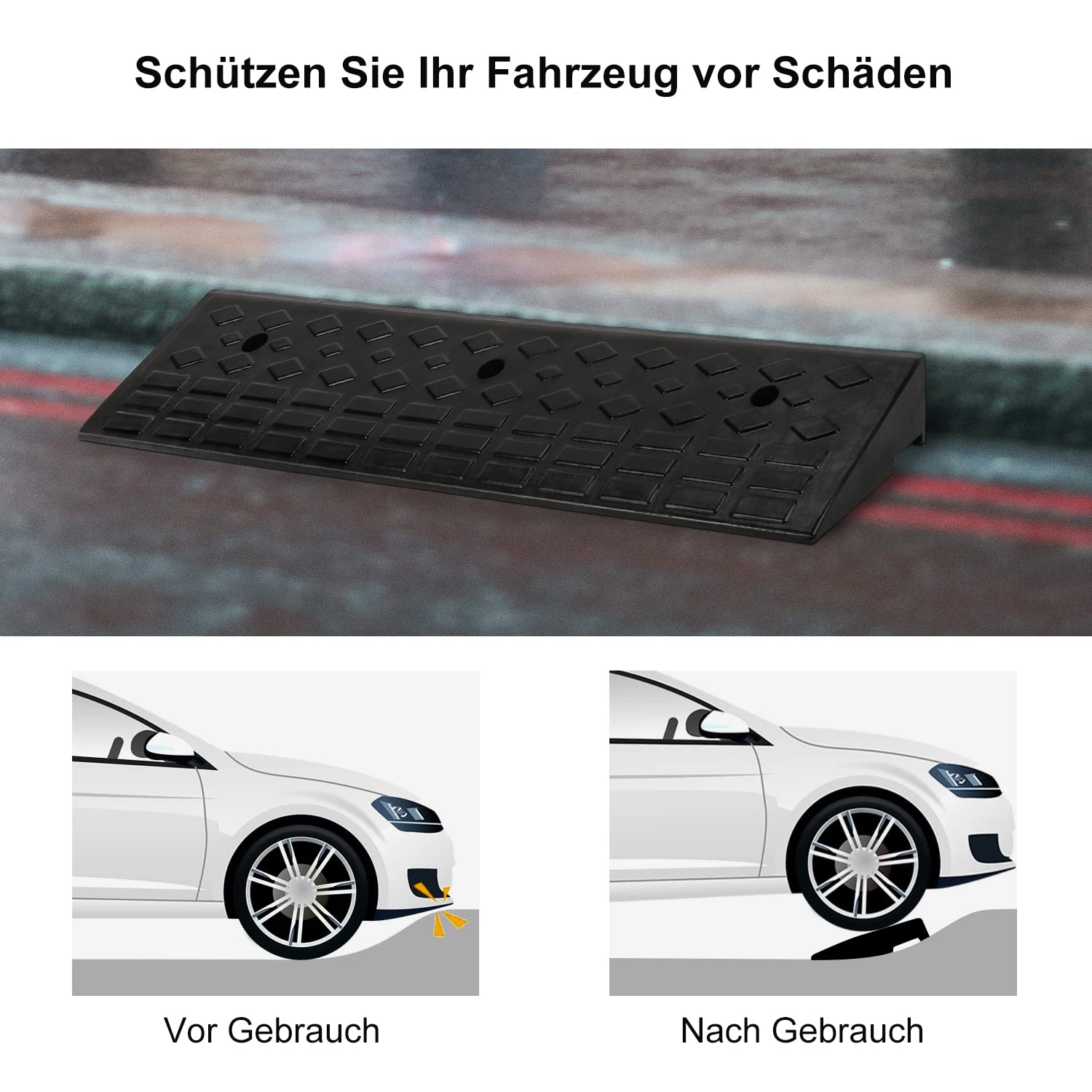 MYOYAY Bordsteinrampe Gummi Auffahrrampe 10cm Bordsteinkanten-Rampe Autorampe Türschwellenrampe mit Befestigungs-Set, Türschwellenrampe Rampe für Auto Rollstuhl Motorrad Bürgersteig 100 x 25 x 10 cm