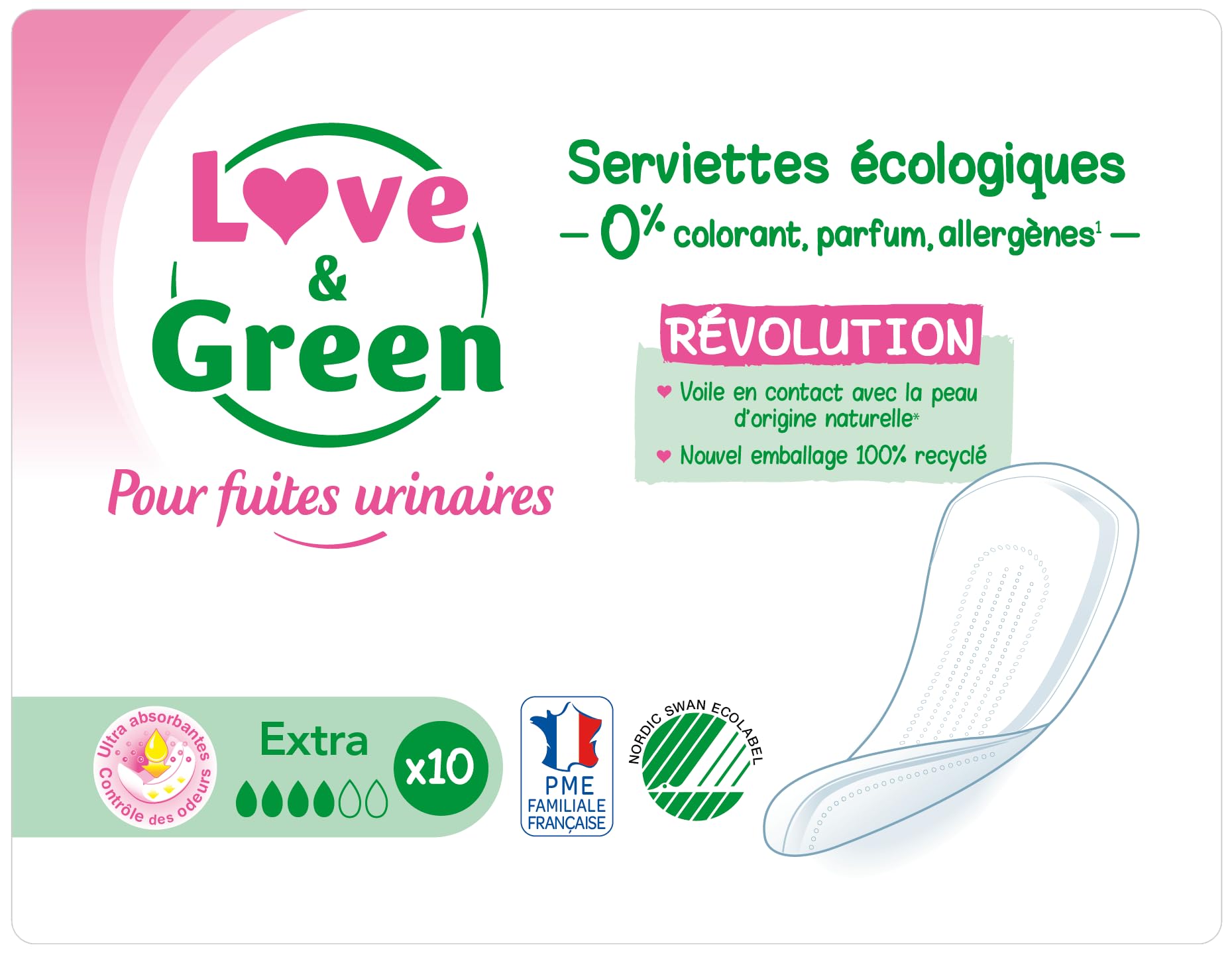 Love & Green - Serviettes Incontinence/​Fuites urinaires - Protections écologiques absorbantes pour fuites urinaires légères à modérées - EXTRA/​SUPER - Lot de 2 X 10 serviettes (20 unités)