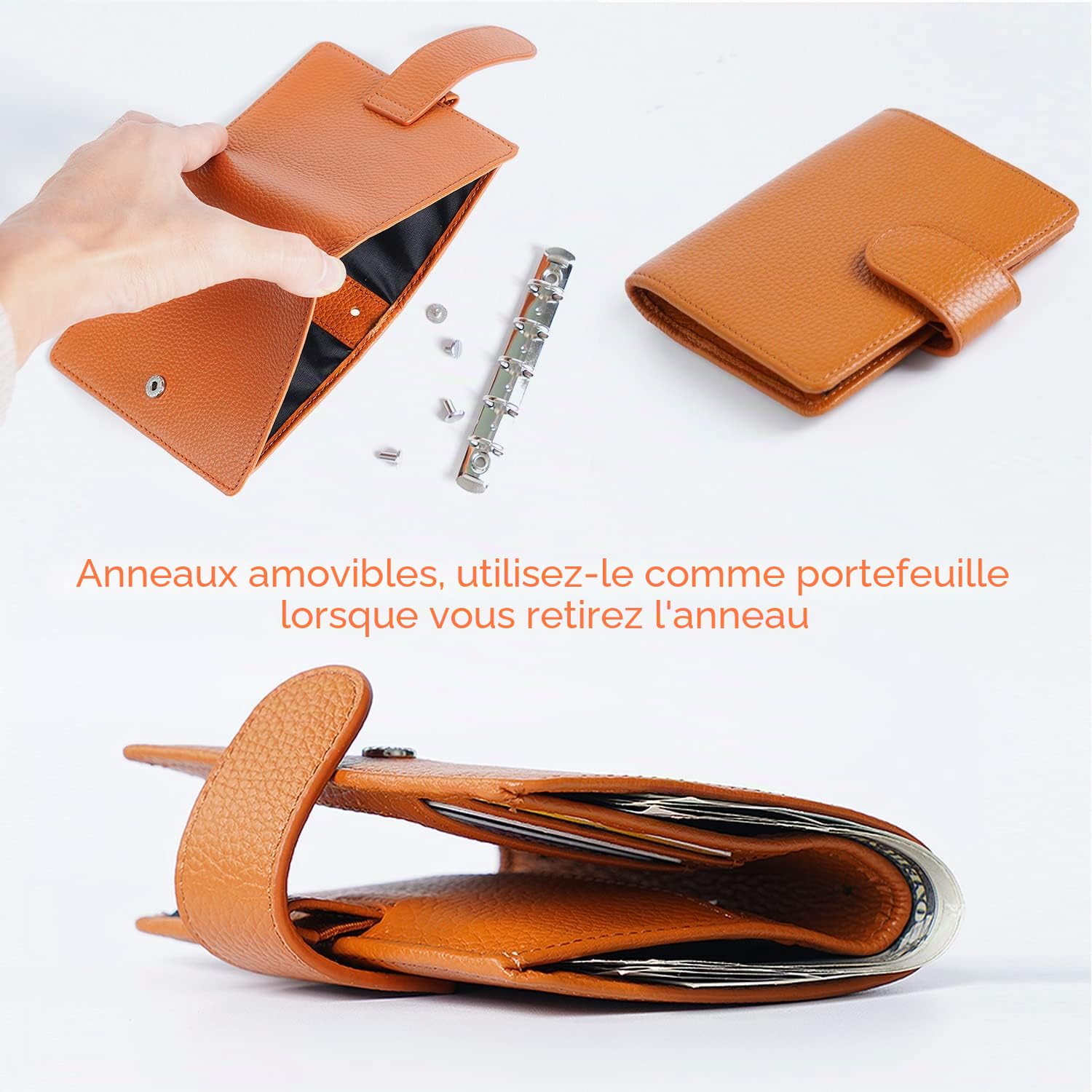 Moterm Agenda A8 avec anneaux réguliers - En cuir véritable - Porte-monnaie (galets noirs, anneau de 15 mm)