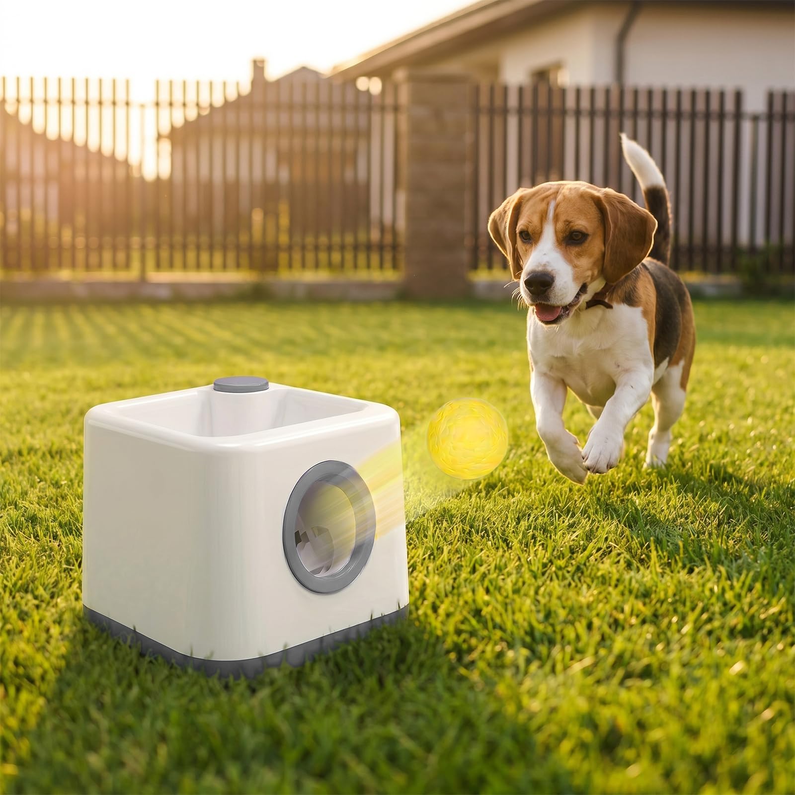 JIANAYANA Lanceur de balles automatique pour chien, jouet interactif double mode automatique et manuel, 4 distances réglables avec 5 balles ETPU, balle anti-carte pour intérieur et extérieur toutes