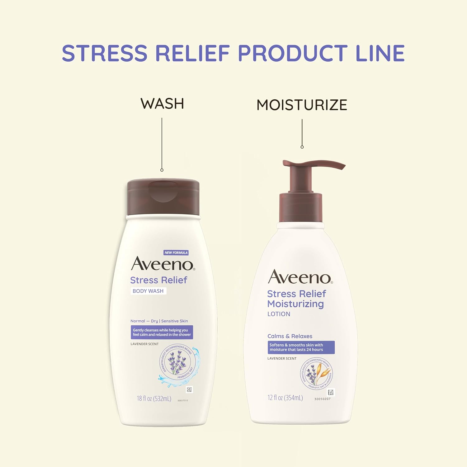Aveeno Stress Relief Body Wash for Women, Calming Lavender Scent & Prebiotic Oat, Cleanser for Sensitive Dry Skin, Paraben, Dye & Soap-Free, 33 Fl Oz (Pack of 6)
