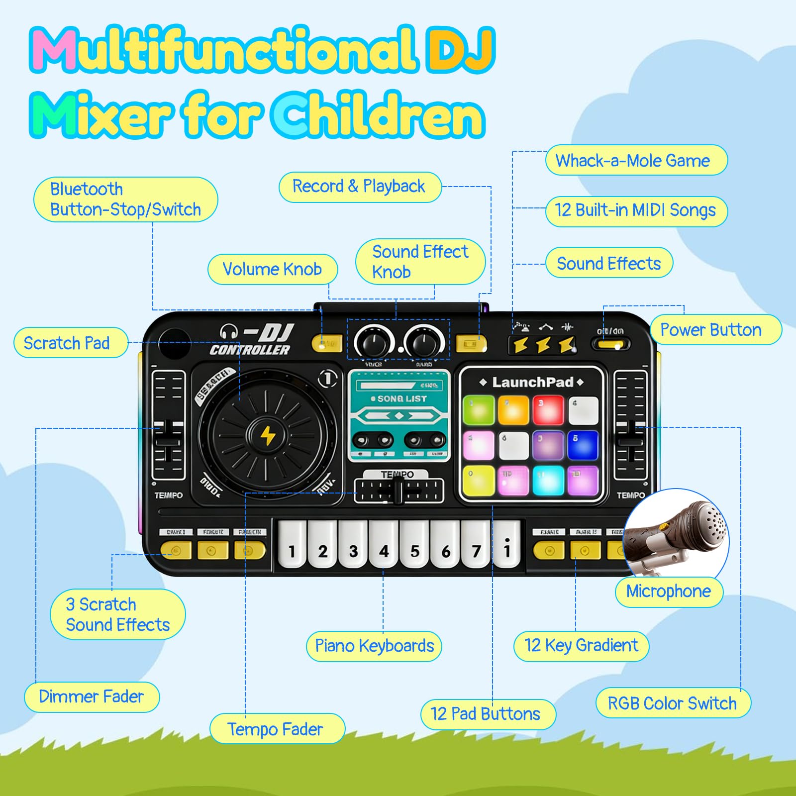 Table de mixage DJ pour enfants 3-12 ans, DJ Mixer Controller pour enfant Platines DJ Musicale avec 100+ effets sonores, micro, Lumières kit de mixage DJ Enfants Chargement USB, Bluetooth(schwarz)