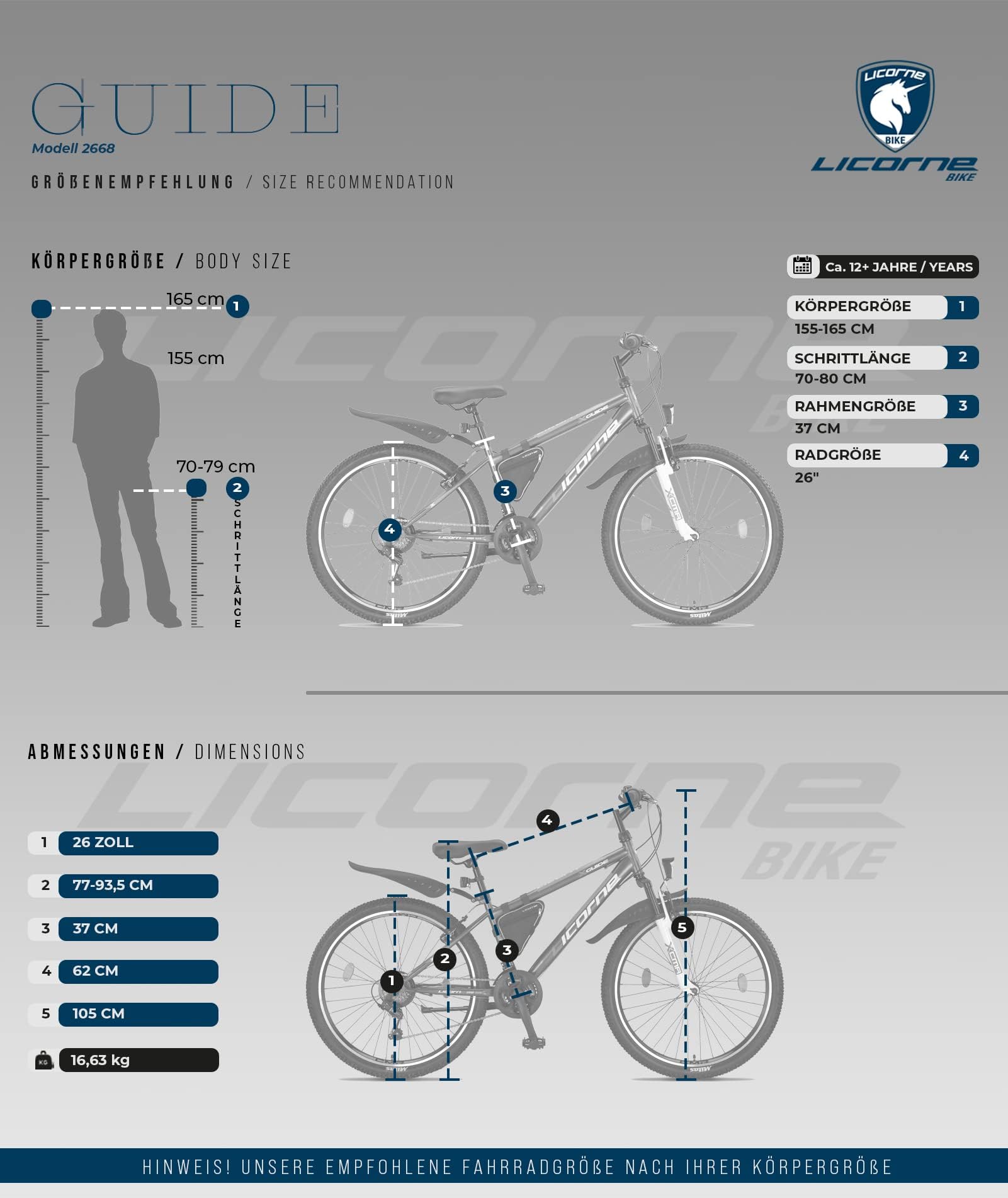 Licorne Bike Guide Premium Mountainbike in 20, 24, 26, 27.5 und 29 Zoll Fahrrad für Mädchen Jungen Herren und Damen