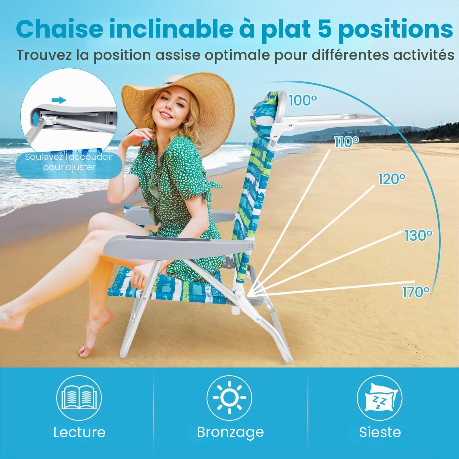FANTASK Lot de 2 chaises de Plage Pliables, Chaise de Camping, Dossier réglable sur 5 Niveaux, chaises Pliantes avec Dossier réglable, appuie-tête, Porte-gobelet et Porte-Serviettes, Charge jusqu'à