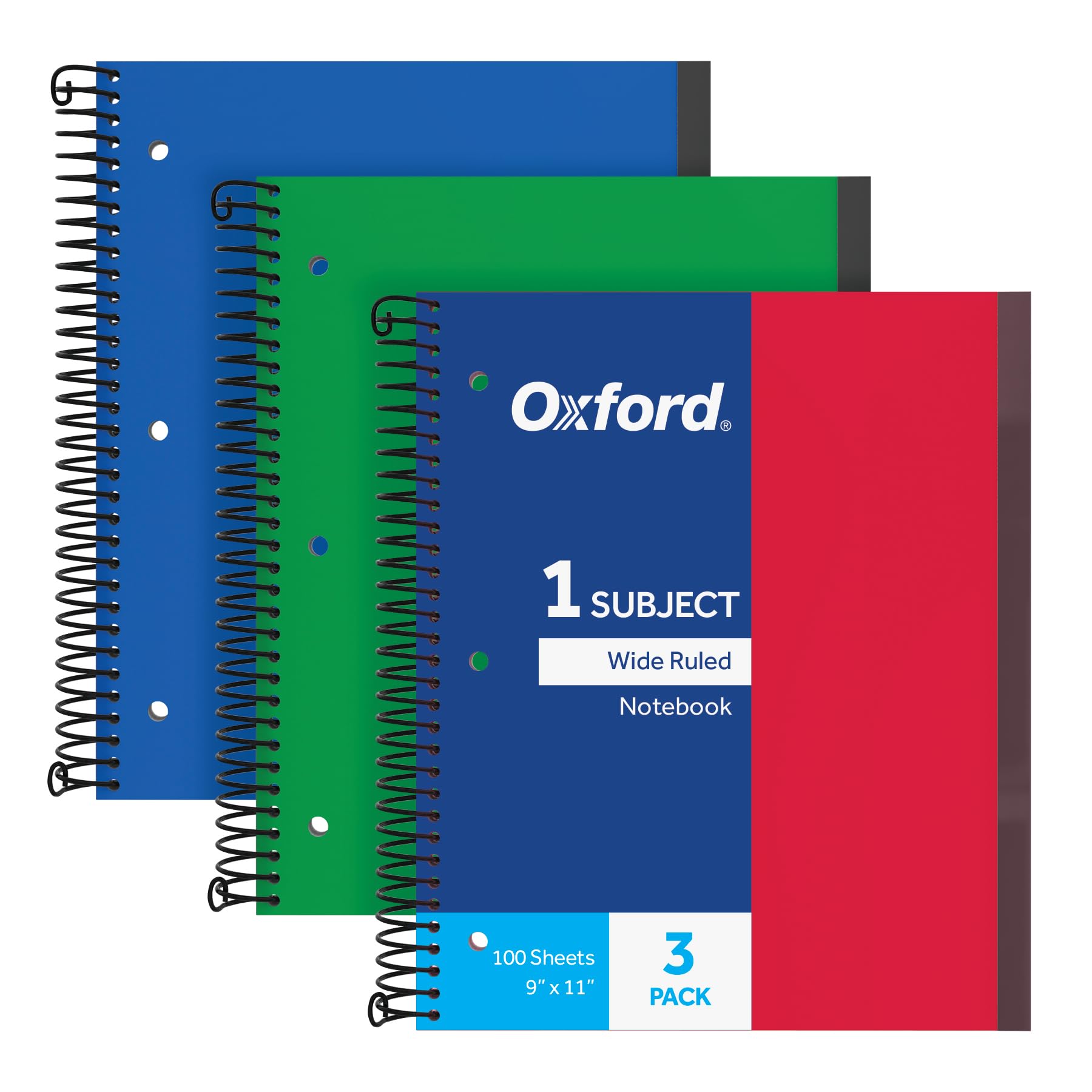 Spiral Notebook 3 Pack, 1 Subject, Wide Rule Journal, Durable Plastic Covers, 1 Pocket, 8.5 x 11 Inches, 100 Sheets, Red, Green, Blue (89802)