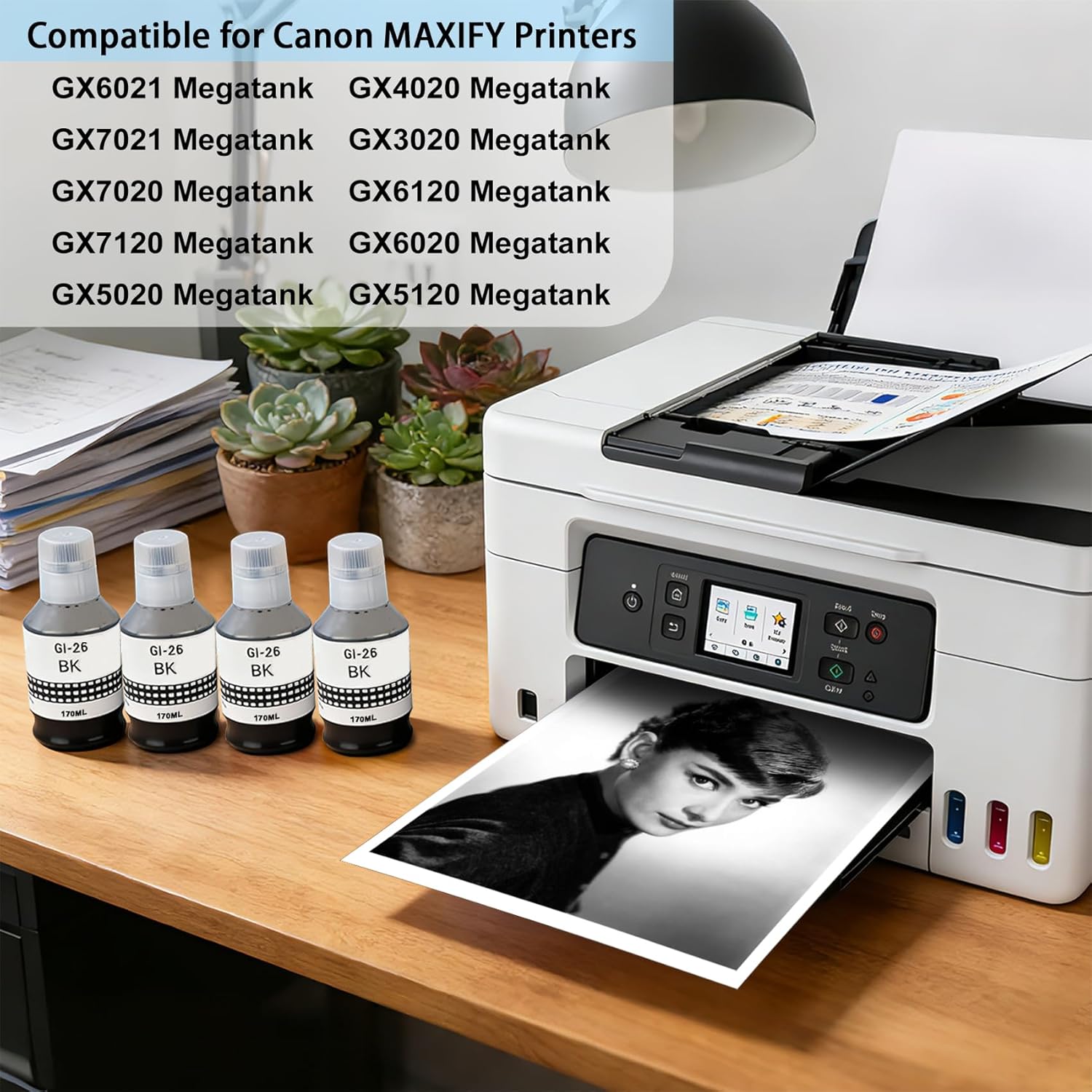 GI-26 GI26 Black Ink Bottle Refills for Canon 26 GI26 GI-26 Ink Refill Bottles for Canon MAXIFY GX7021 GX6021 GX7020 GX6020 GX4020 GX5020 GX3020 GX6120 Megatank Printer Ink Bottles (4-Bottle 170ML)