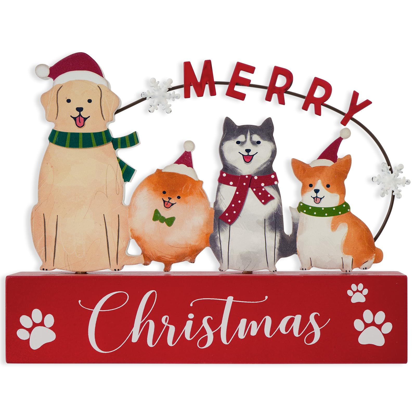View 1 of Christmas Decorations for Home Merry Christmas Decor Wooden Cute Dog Sign with Iron Rustic Farmhouse Decorative Tabletop Block Indoor Xmas Party Holiday