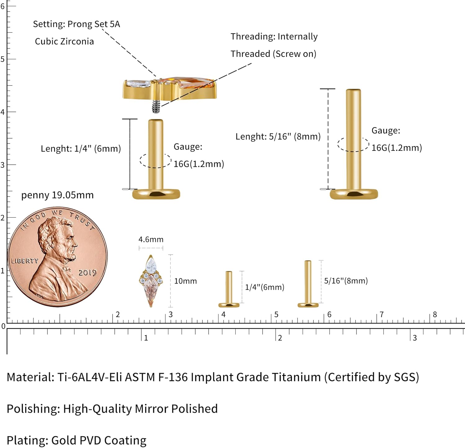 FINE4U ASTM F136 Titanium 16G 6mm 8mm Piercing Jewelry Stud for Conch Helix Flat Lobe - FlatBack Cartilage Earring Stud, Hypoallergenic Implant Grade Nickel Free Body Jewelry - Image 2