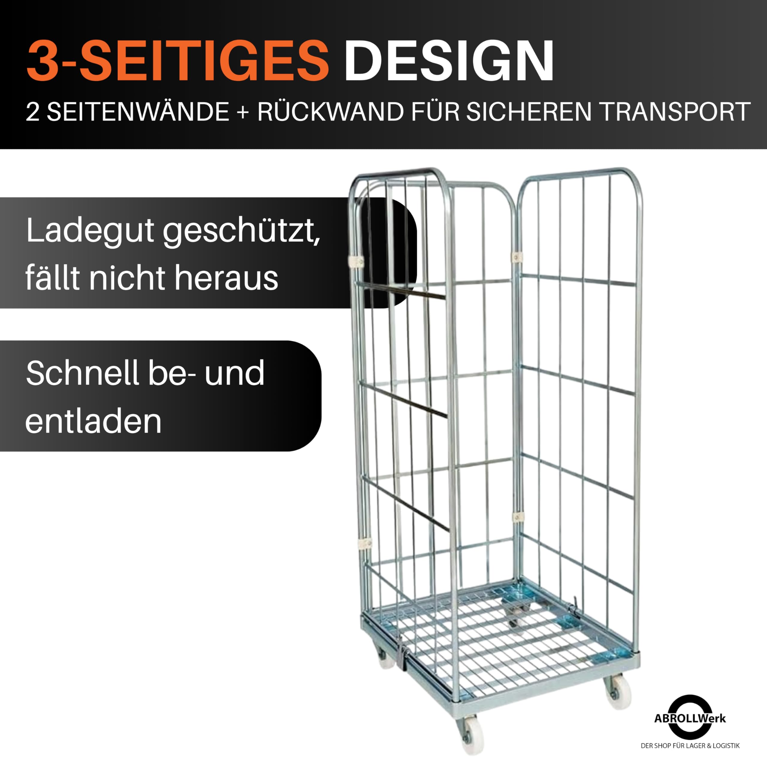 3-seitiger Stahlrollbehälter 1460 Metall - Abmessungen außen 710 x 800 x 1640 mm, Langlebig mit Korrosionsresistenter Cr 3-Beschichtung, Ideal für Lager, Logistik & Einzelhandel
