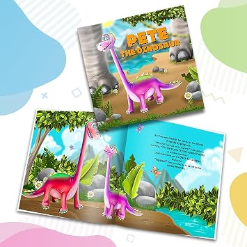 Personalized Story Book by Dinkleboo - The Dinosaur - for Kids Aged 0 to 8 Years Old -A Story About Your Child Going on an Adventure to find a new Dinosaur Friend. Soft Cover. 8x8