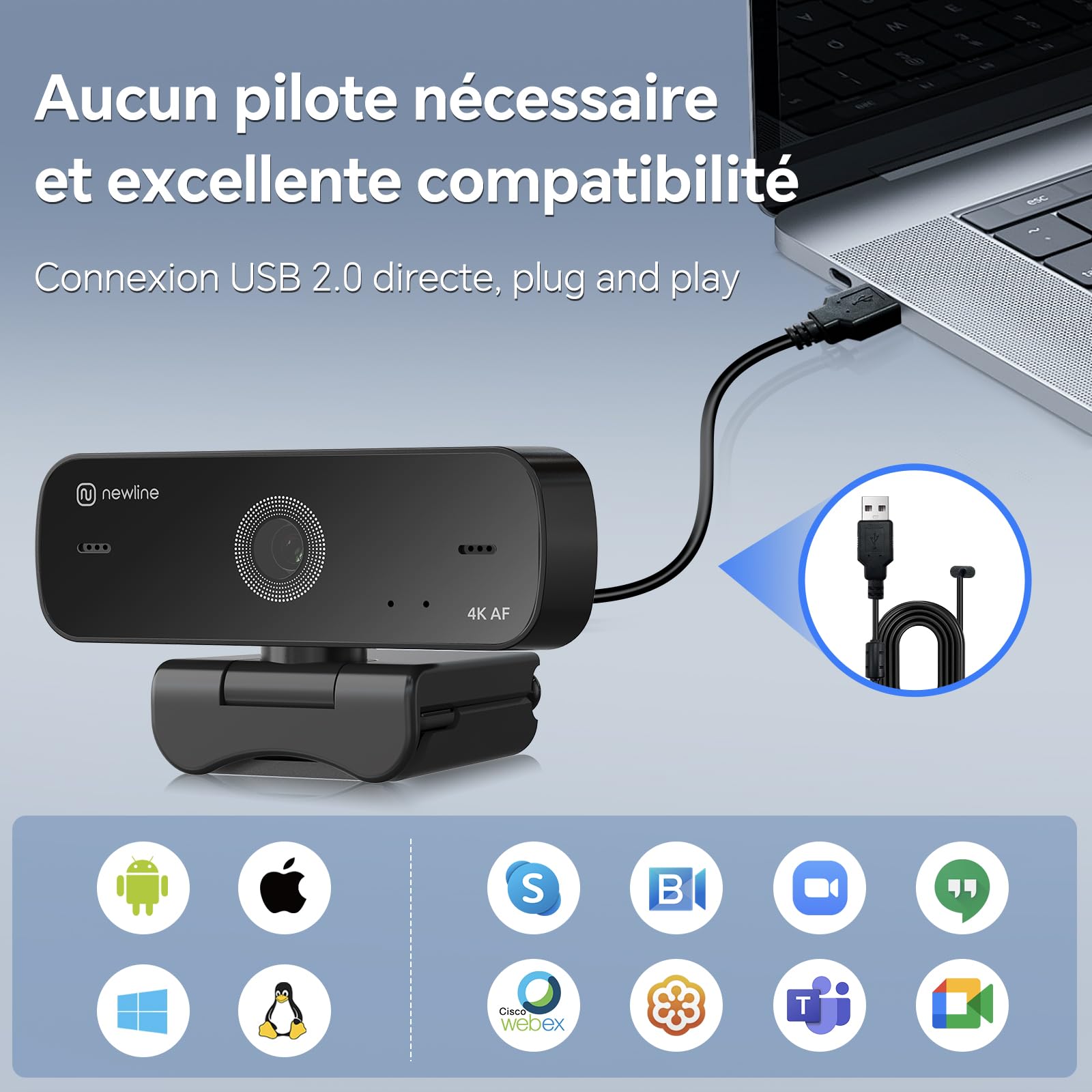 Webcam 4k pour PC avec 2 Micro et Capteur Sony, New Upgraded Autofocus, 30fps, Correction de La Lumière, avec Privacy Shutter, USB Full HD Webcam pour Streaming Laptop Mac Skype