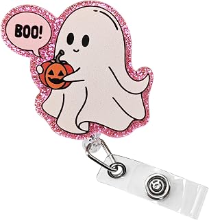 Halloween Boo&Pumpkin Badge Reel, Retractable Badge Holders for Nurse Nursing RN CNA Medical Worker & Teacher, Pink Nurse Badge Reel, Cute Spooky Acrylic Badge Holder