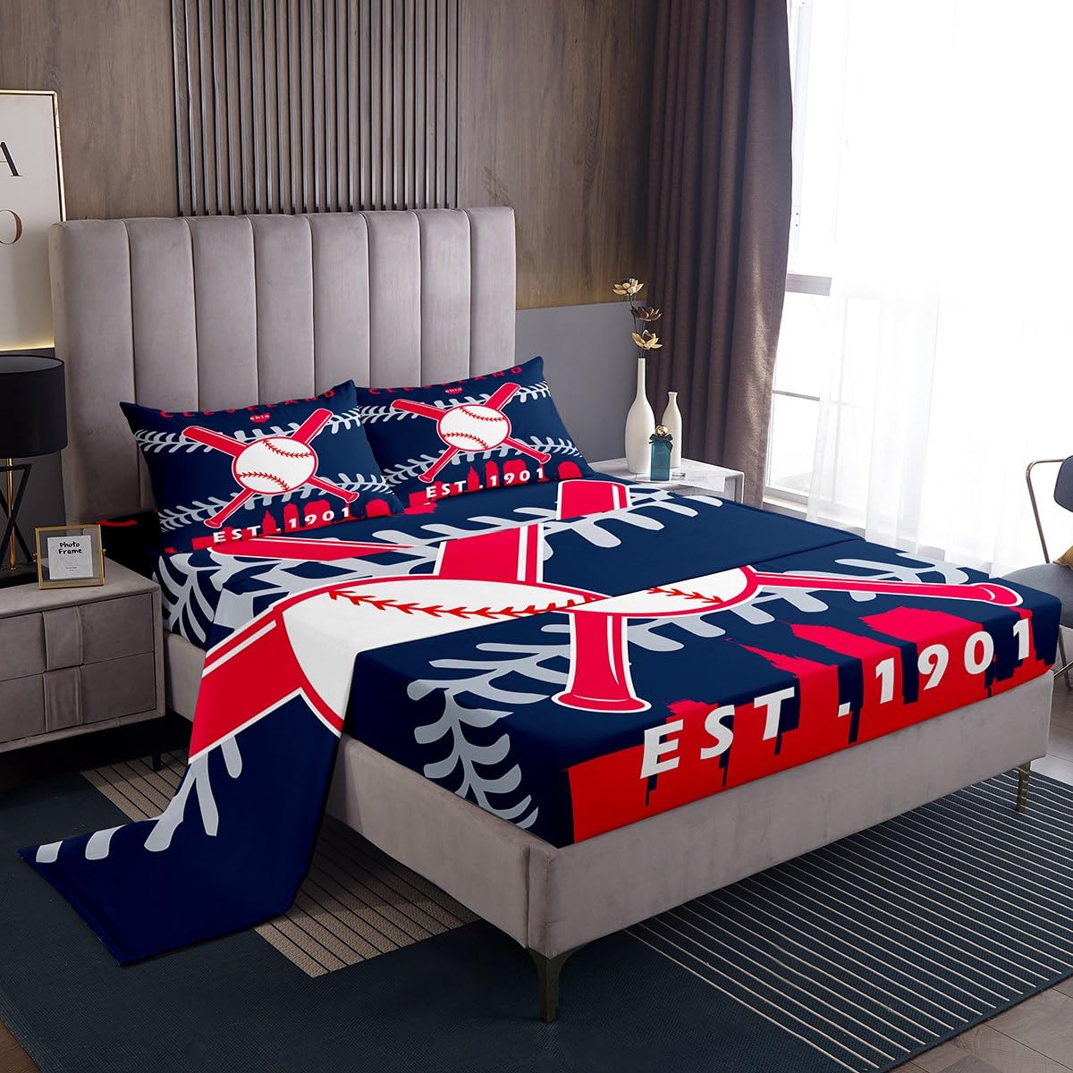 Erosebridal Teen Boy Sports Bed Sheets Set Full,Baseball Sheet Set for Boys Girls,Baseball Bat Ball Sheets,Baseball Team Flat Fitted Sheet with 2 Pillowcases(Cleveland)