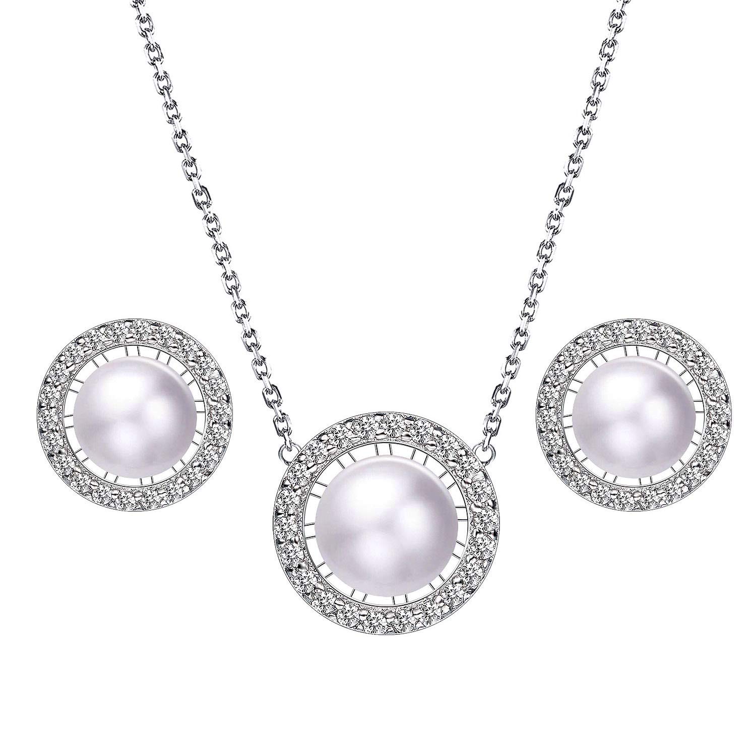 Czemo Freshwater Pearl Necklace and Earring Set 925 Sterling Silver Jewellery Sets for Women Birthday Gift