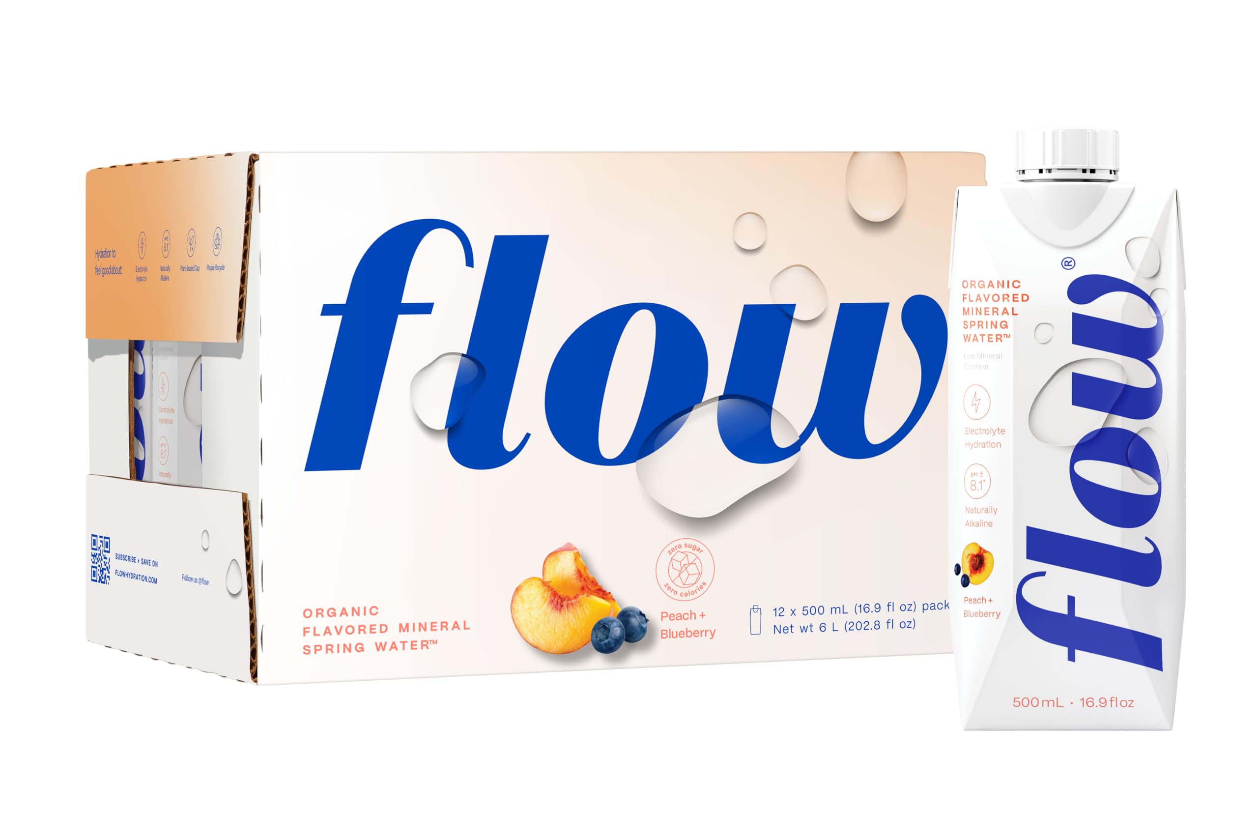 Flow Alkaline Spring Water - Peach and Blueberry Flavored Naturally Alkaline Water With Electrolytes And Essential Minerals - Eco-Friendly Pack, BPA-Free, Non-GMO. 12 Pack of 16.9 FL Bottles